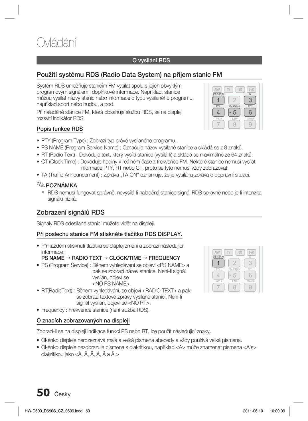 Samsung HW-D650S/EN manual Použití systému RDS Radio Data System na příjem stanic FM, Zobrazení signálů RDS, Vysílání RDS 