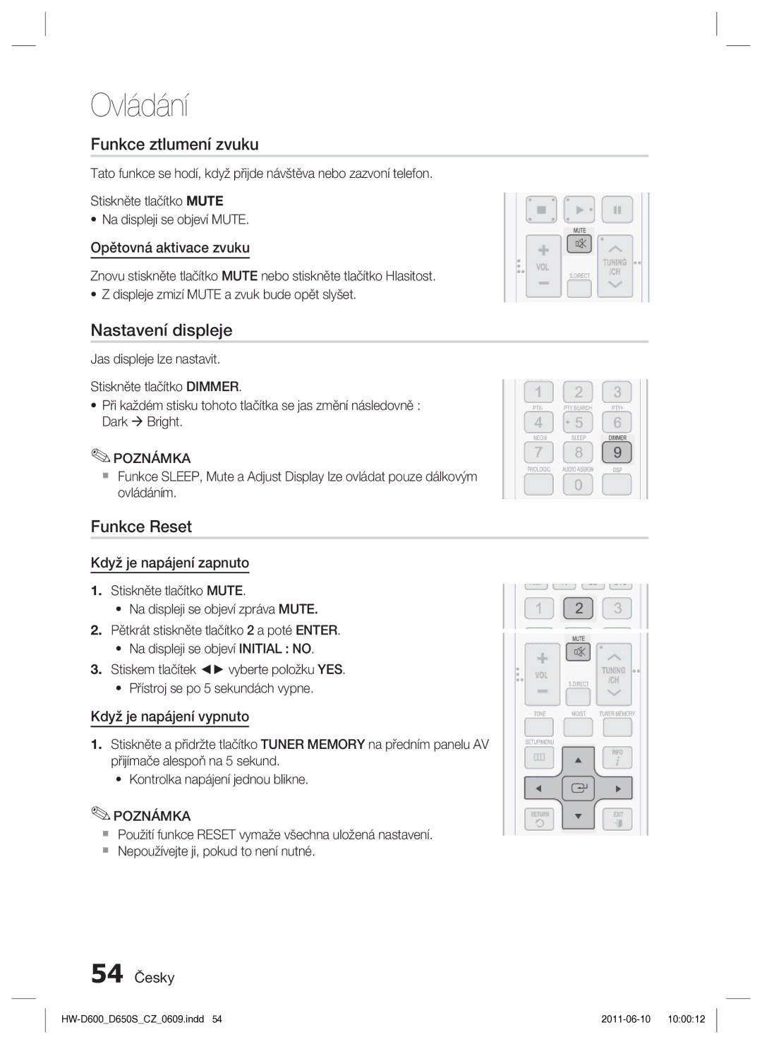 Samsung HW-D650S/EN manual Funkce ztlumení zvuku, Nastavení displeje, Funkce Reset 