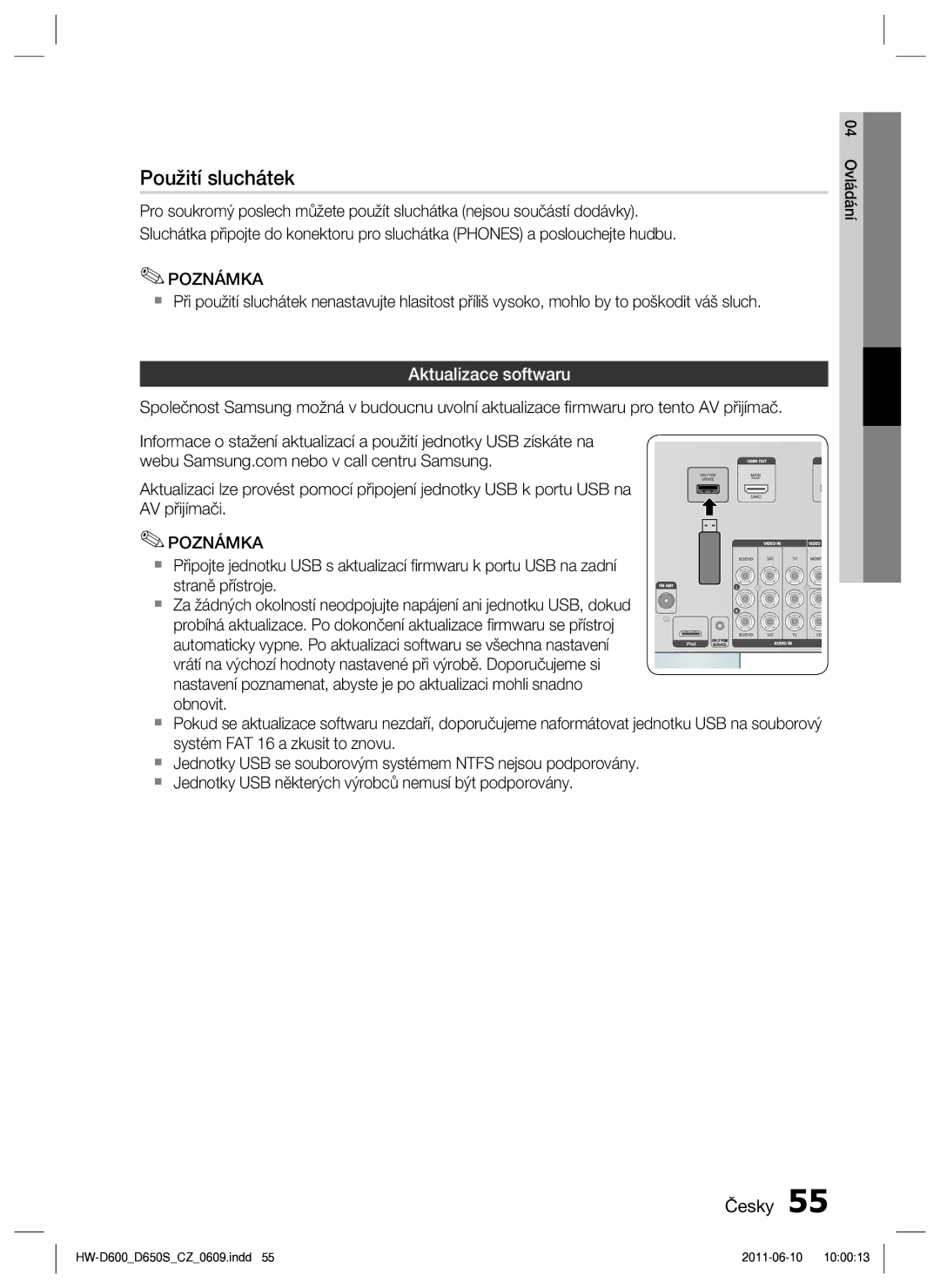 Samsung HW-D650S/EN manual Použití sluchátek, Aktualizace softwaru 