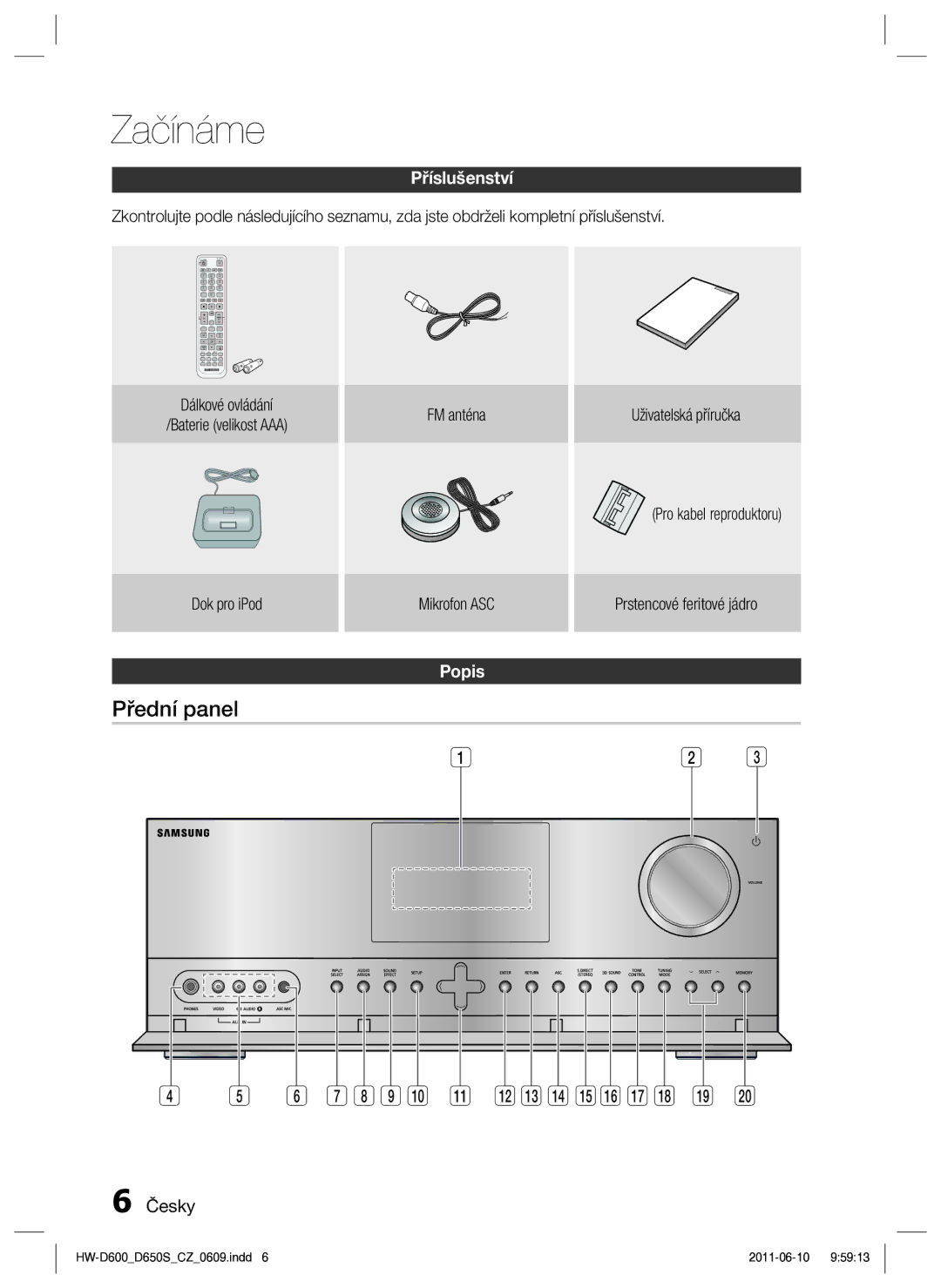 Samsung HW-D650S/EN manual Začínáme, Přední panel 