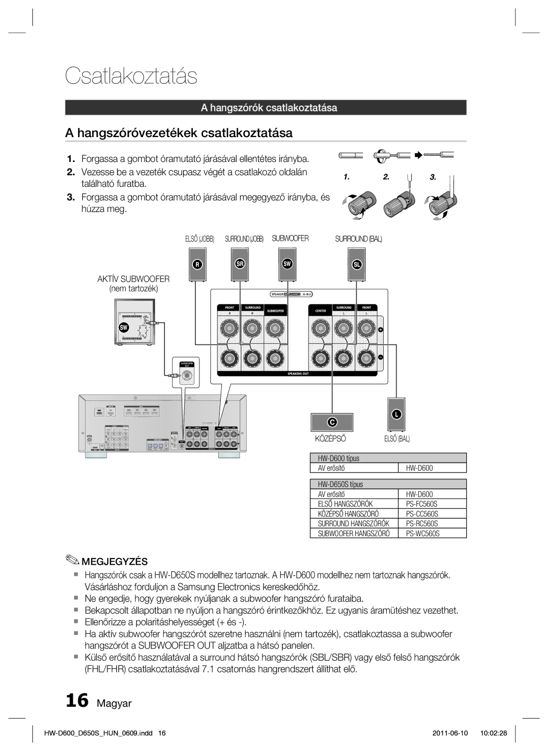 Samsung HW-D650S/EN manual Hangszóróvezetékek csatlakoztatása, Hangszórók csatlakoztatása 