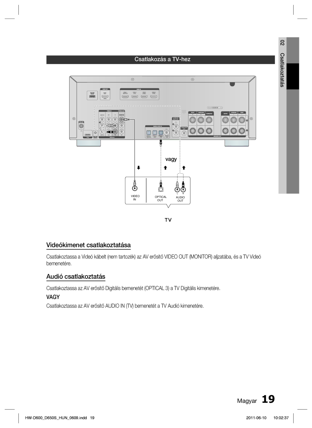 Samsung HW-D650S/EN manual Videókimenet csatlakoztatása, Audió csatlakoztatás, Csatlakozás a TV-hez 