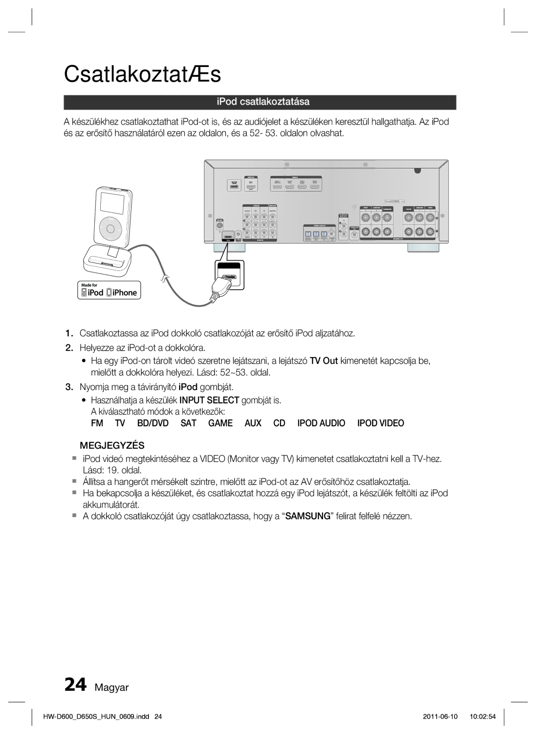 Samsung HW-D650S/EN manual IPod csatlakoztatása 