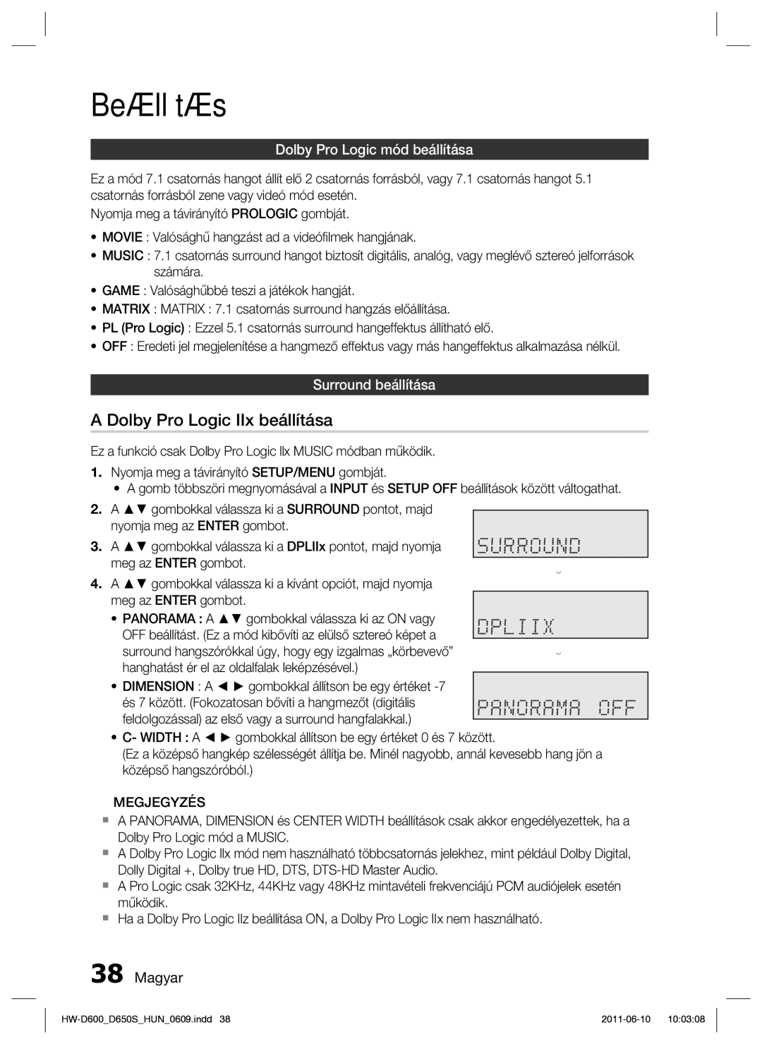 Samsung HW-D650S/EN manual Dolby Pro Logic IIx beállítása, Dolby Pro Logic mód beállítása, Surround beállítása 