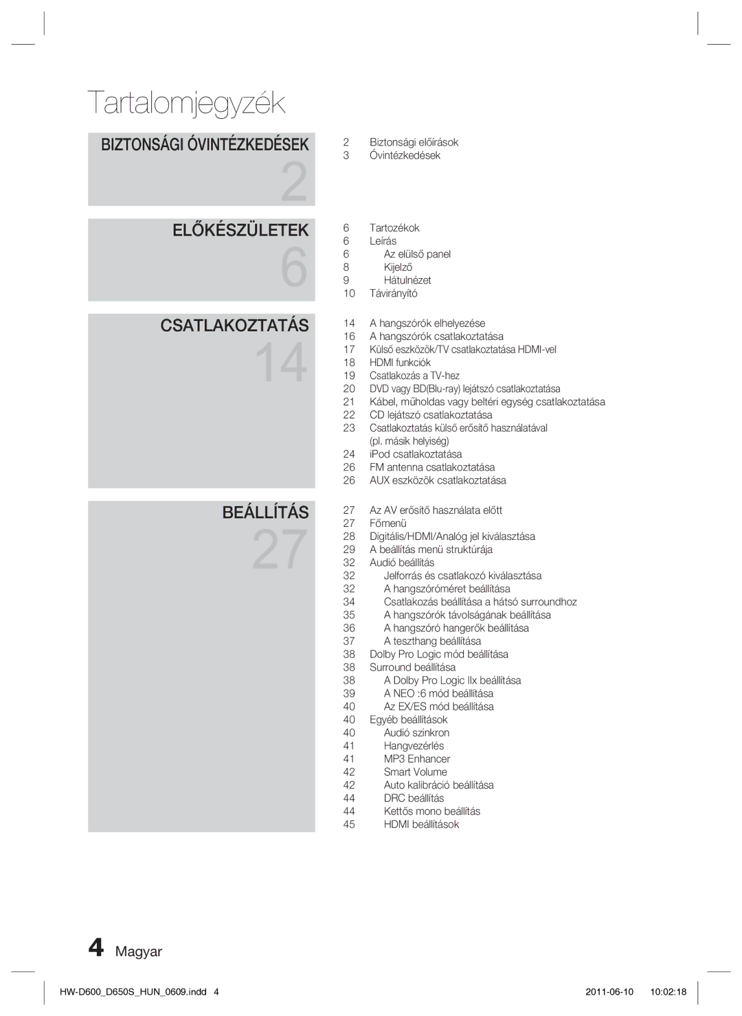 Samsung HW-D650S/EN manual Tartalomjegyzék, Előkészületek 