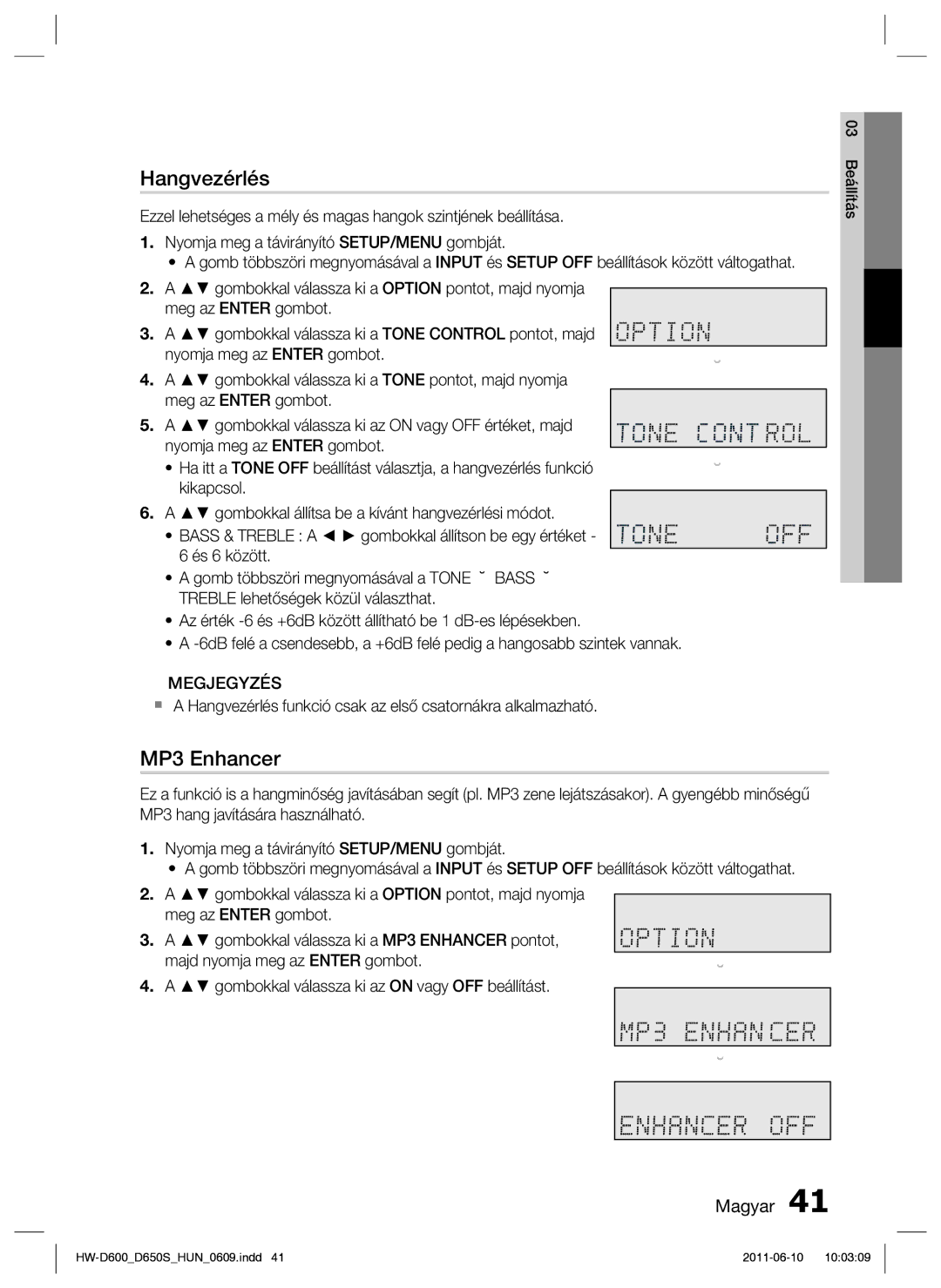 Samsung HW-D650S/EN manual Hangvezérlés, MP3 Enhancer 