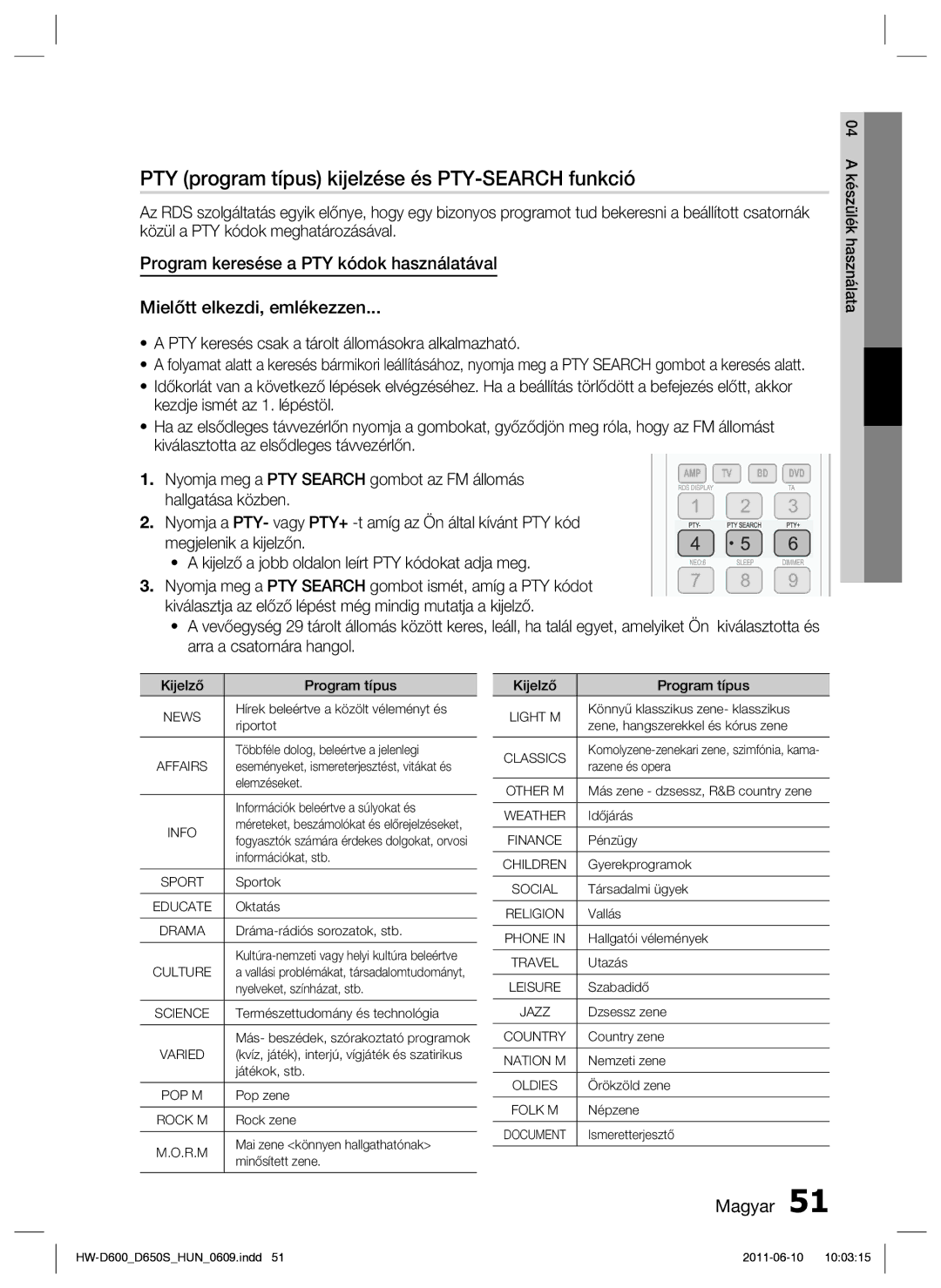 Samsung HW-D650S/EN PTY program típus kijelzése és PTY-SEARCH funkció, PTY keresés csak a tárolt állomásokra alkalmazható 