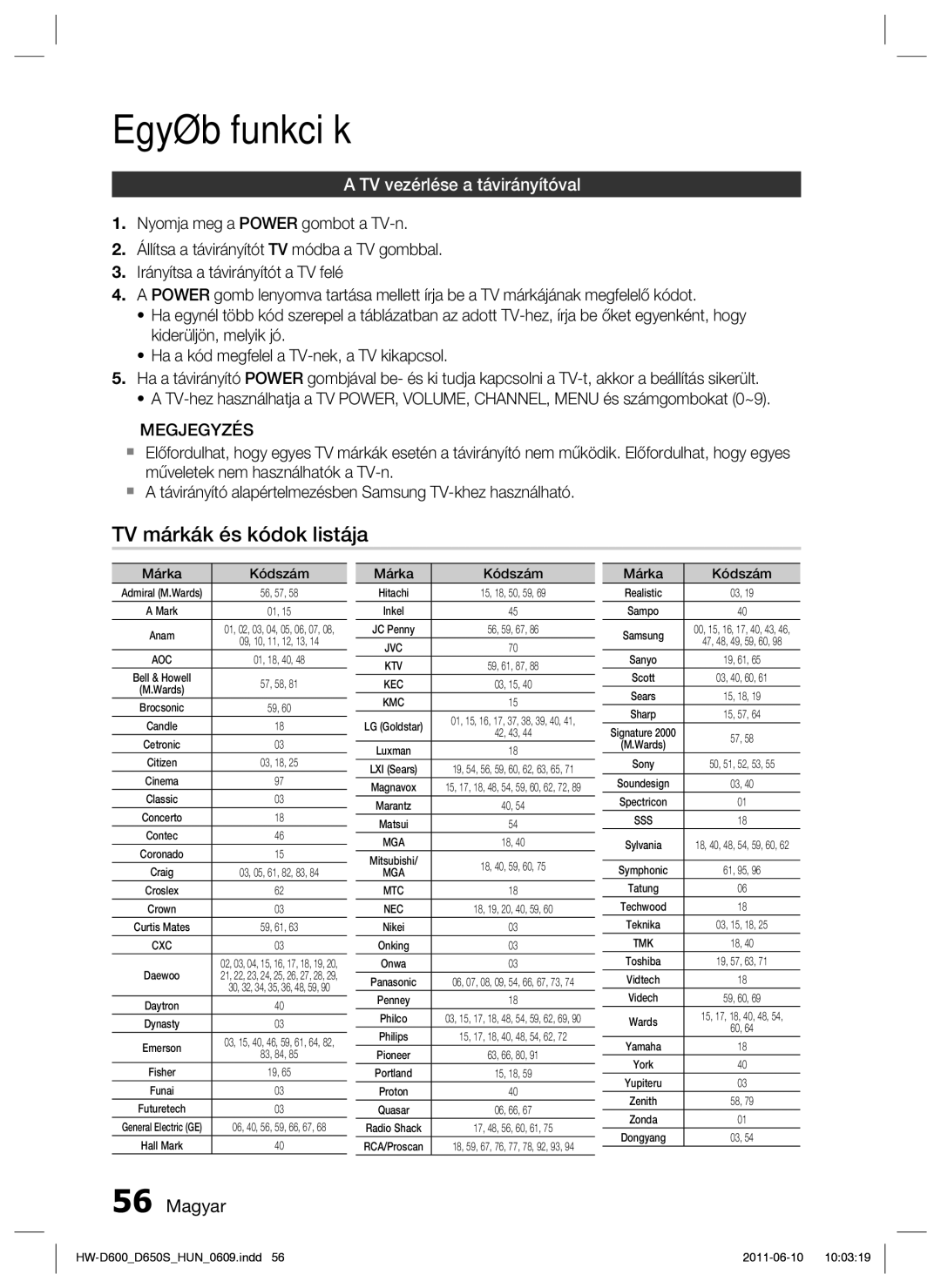 Samsung HW-D650S/EN manual Egyéb funkciók, TV márkák és kódok listája, TV vezérlése a távirányítóval 