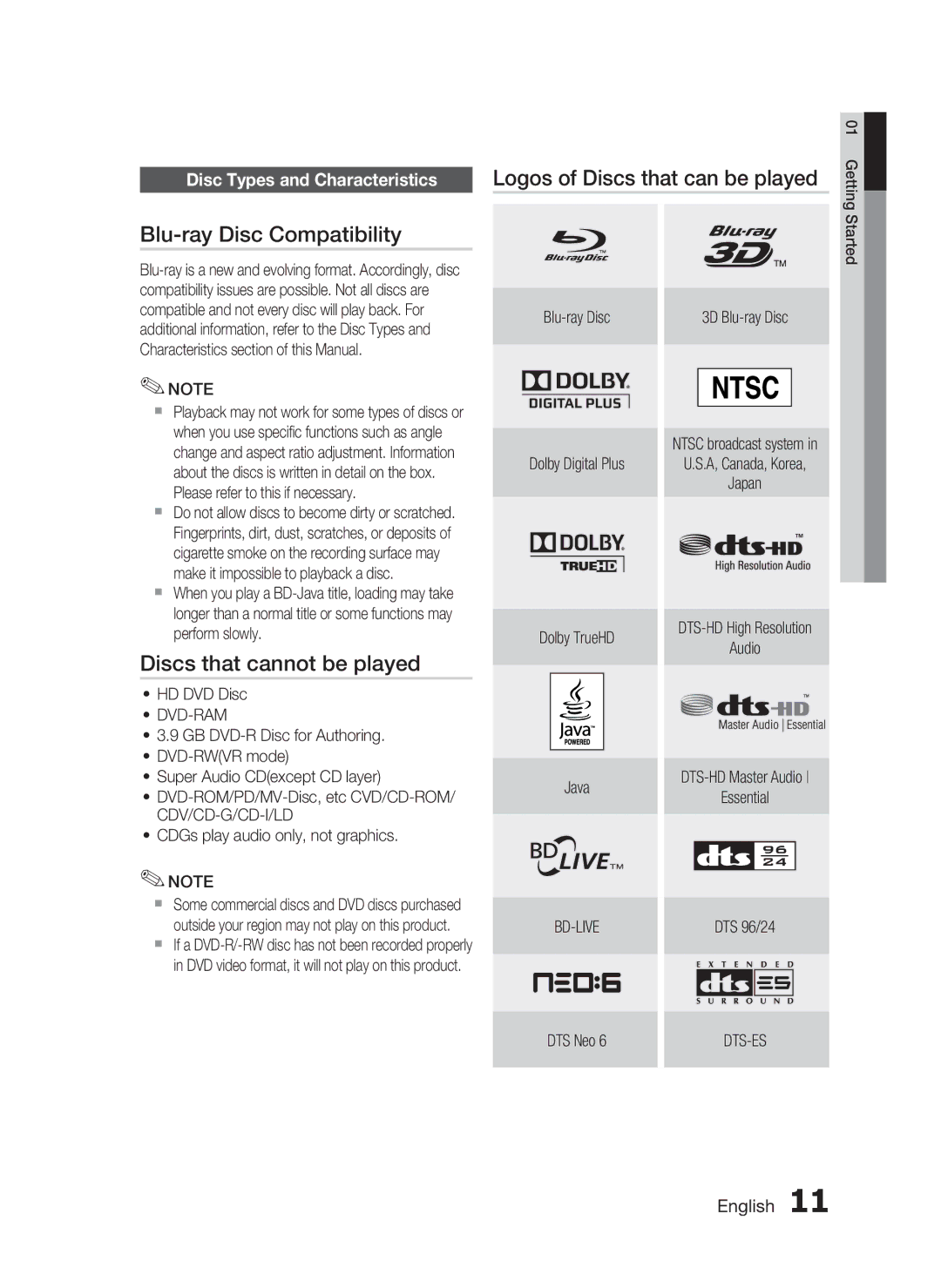 Samsung HW-D7000 user manual Blu-ray Disc Compatibility, Discs that cannot be played, Dvd-Ram, Bd-Live, Dts-Es 