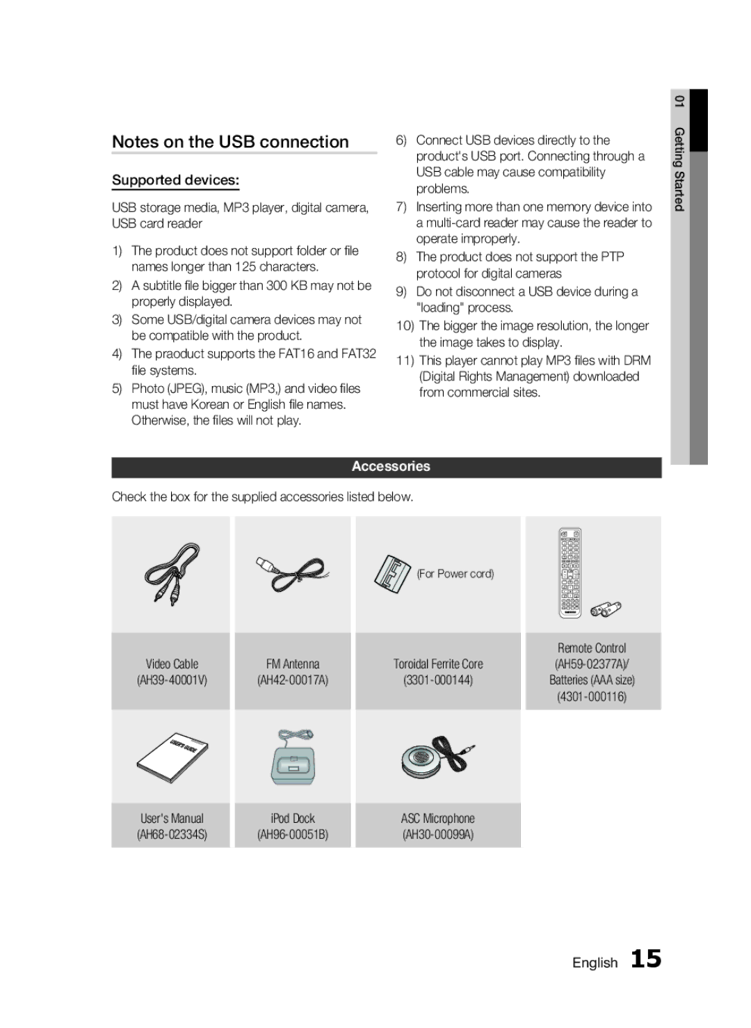 Samsung HW-D7000 Supported devices, Accessories, Check the box for the supplied accessories listed below, 3301-000144 