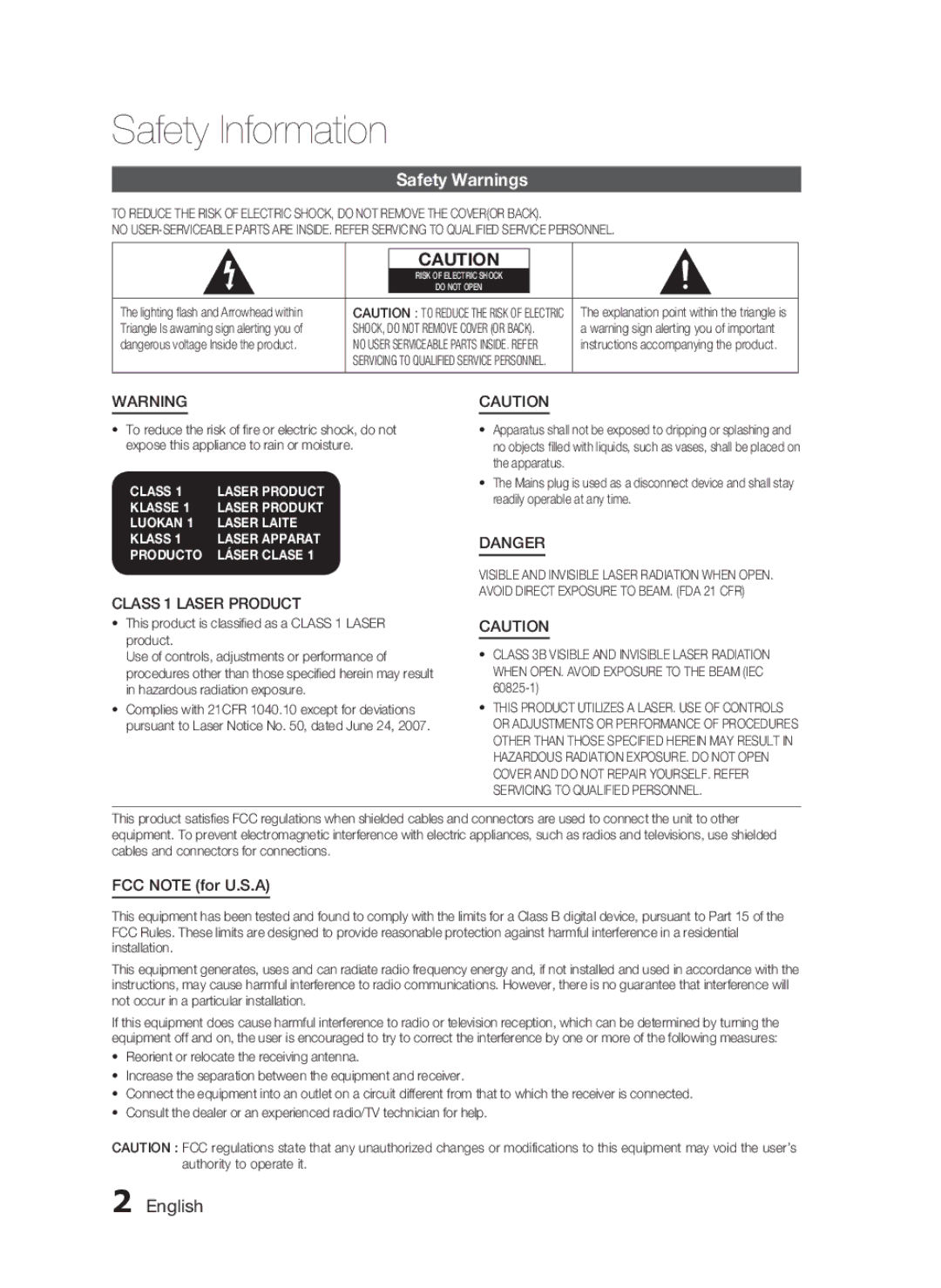 Samsung HW-D7000 user manual Safety Warnings, English, Class 1 Laser Product, FCC Note for U.S.A 