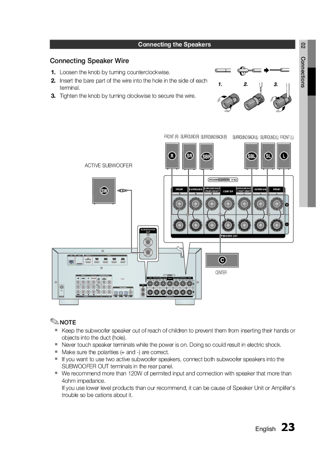 Samsung HW-D7000 user manual Connecting Speaker Wire, Connecting the Speakers 