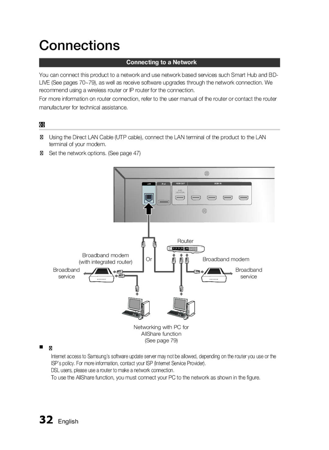 Samsung HW-D7000 user manual Cable Network, Connecting to a Network 