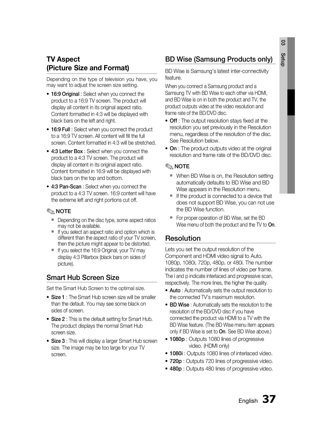 Samsung HW-D7000 user manual Smart Hub Screen Size, BD Wise Samsung Products only, Resolution 