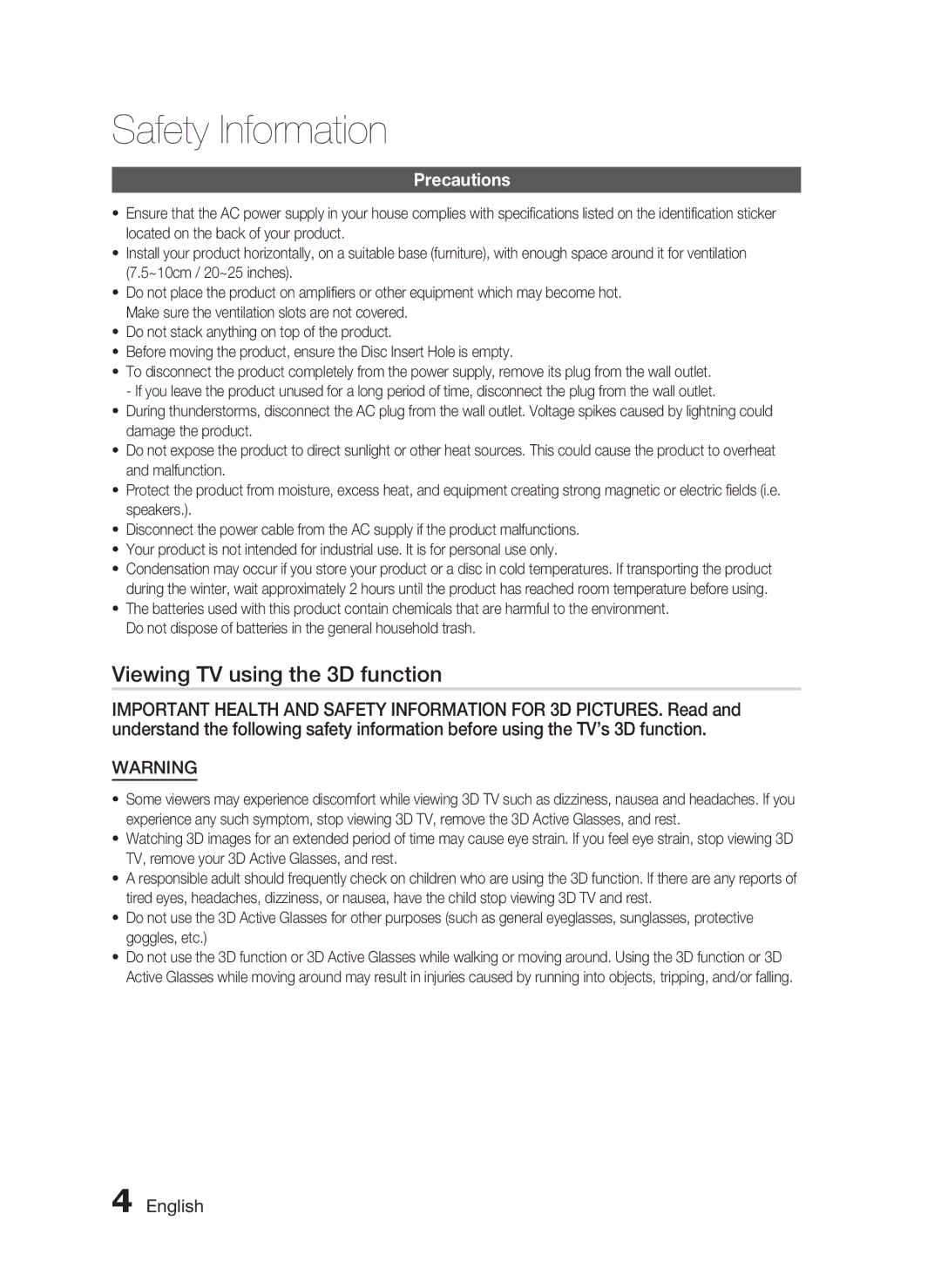 Samsung HW-D7000 user manual Viewing TV using the 3D function, Precautions 