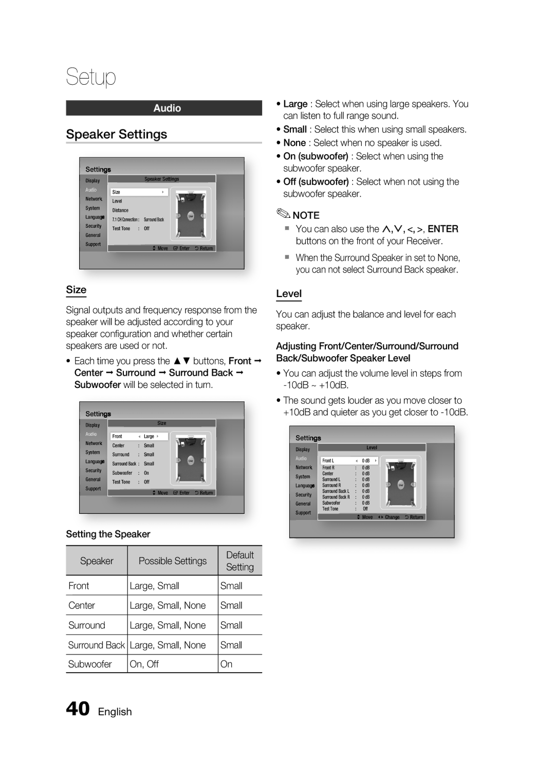 Samsung HW-D7000 user manual Speaker Settings, Audio, Size, Level, Large, Small, None Subwoofer On, Off 