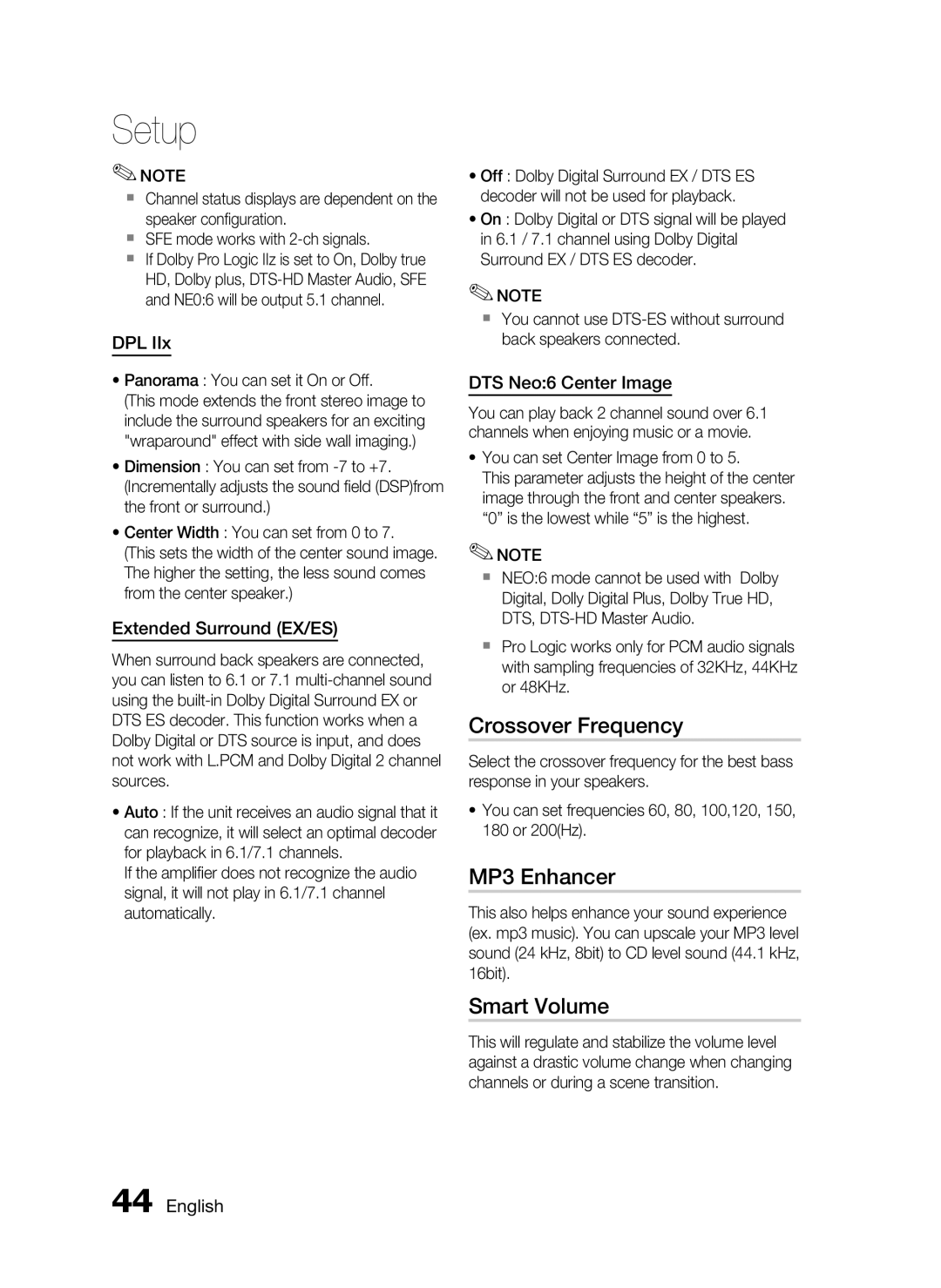 Samsung HW-D7000 user manual Crossover Frequency, MP3 Enhancer, Smart Volume 