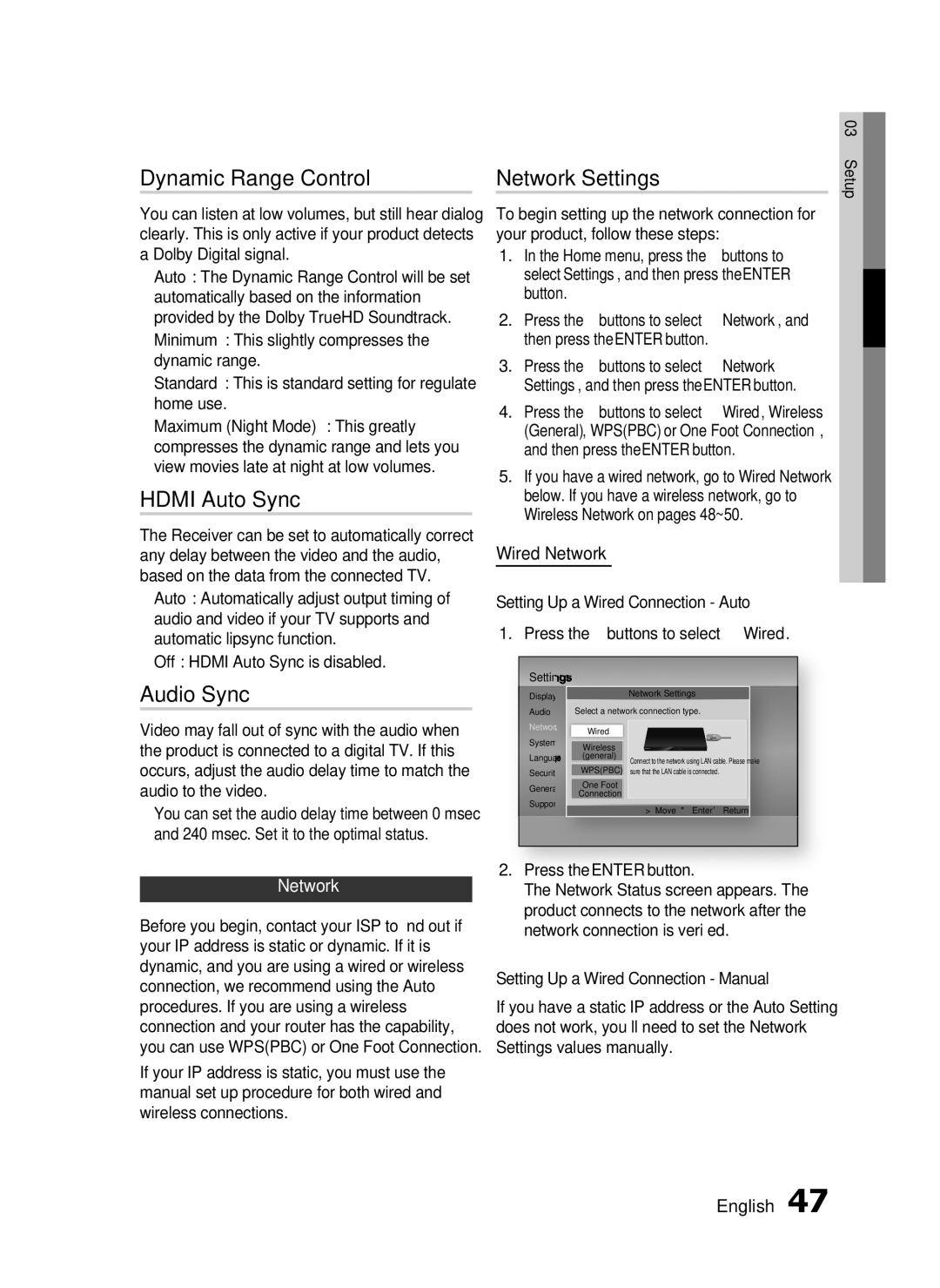 Samsung HW-D7000 user manual Dynamic Range Control, Hdmi Auto Sync, Audio Sync, Network Settings 