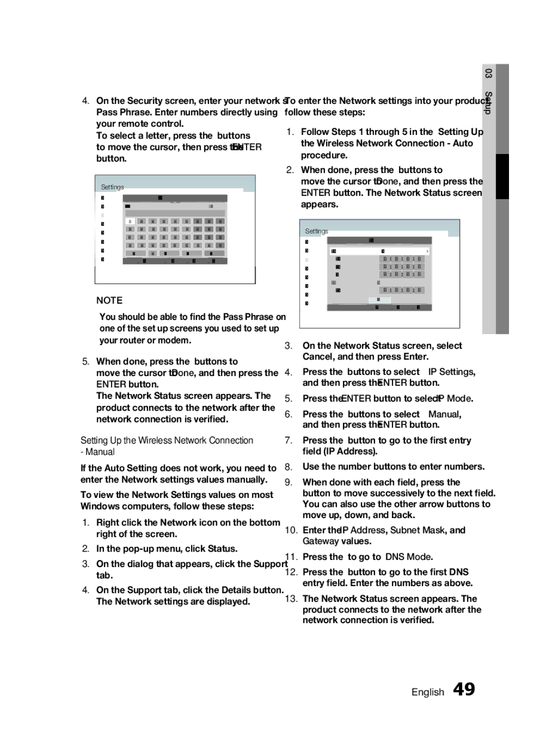 Samsung HW-D7000 user manual Setting Up the Wireless Network Connection Manual 