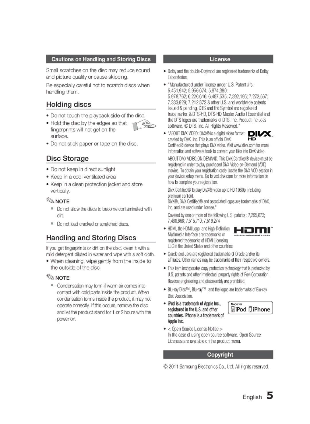 Samsung HW-D7000 user manual Holding discs, Disc Storage, Handling and Storing Discs, License, Copyright 