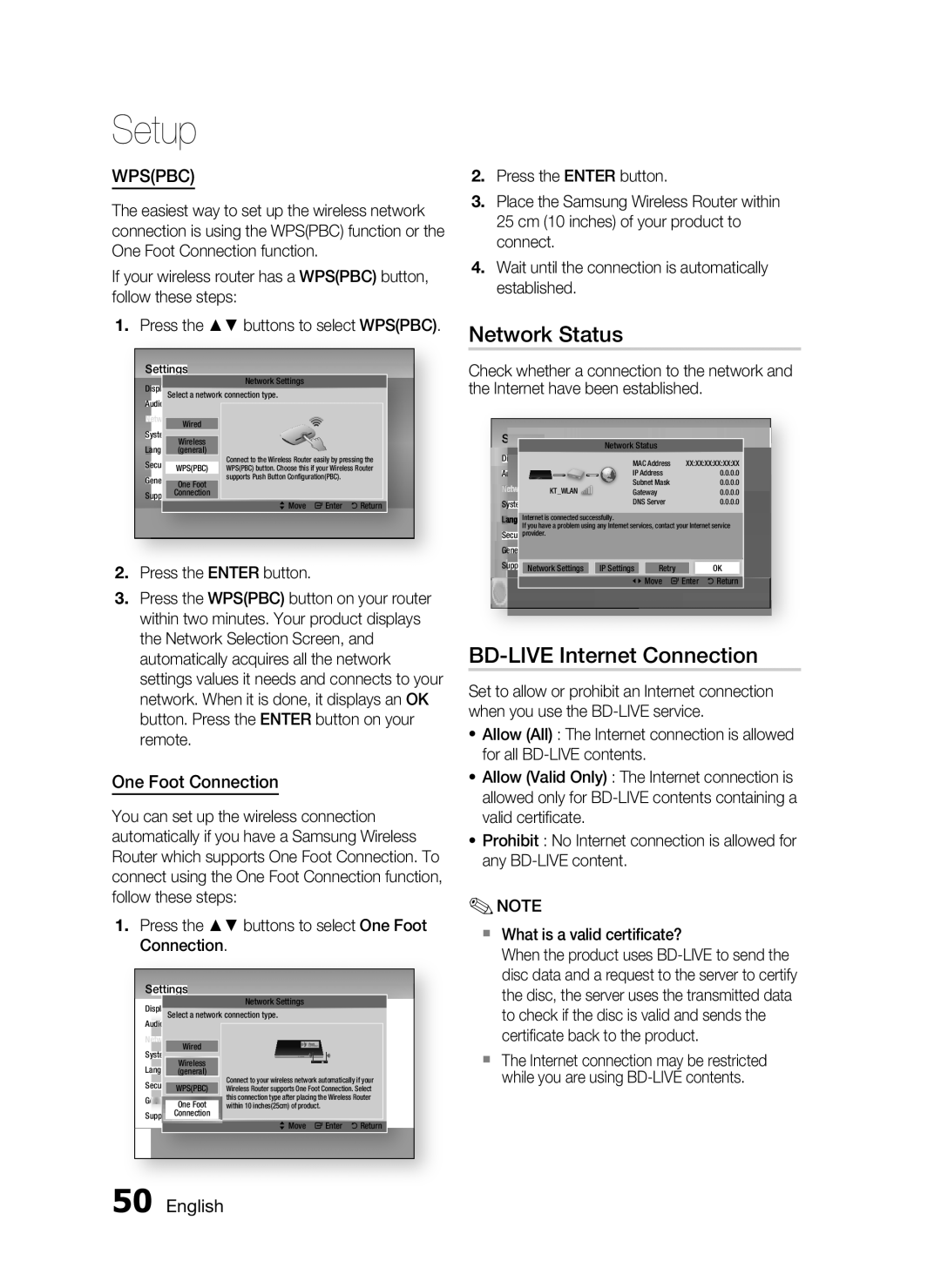 Samsung HW-D7000 user manual Network Status, BD-LIVE Internet Connection, One Foot Connection 