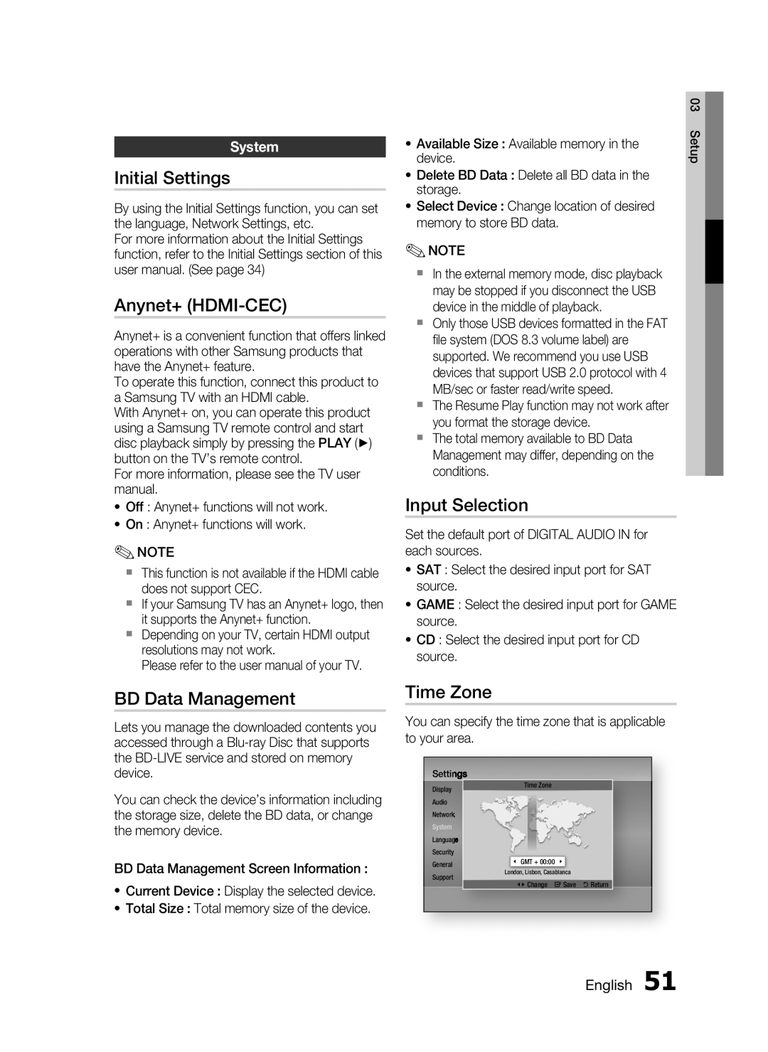 Samsung HW-D7000 user manual Initial Settings, Anynet+ HDMI-CEC, Input Selection, BD Data Management, Time Zone 