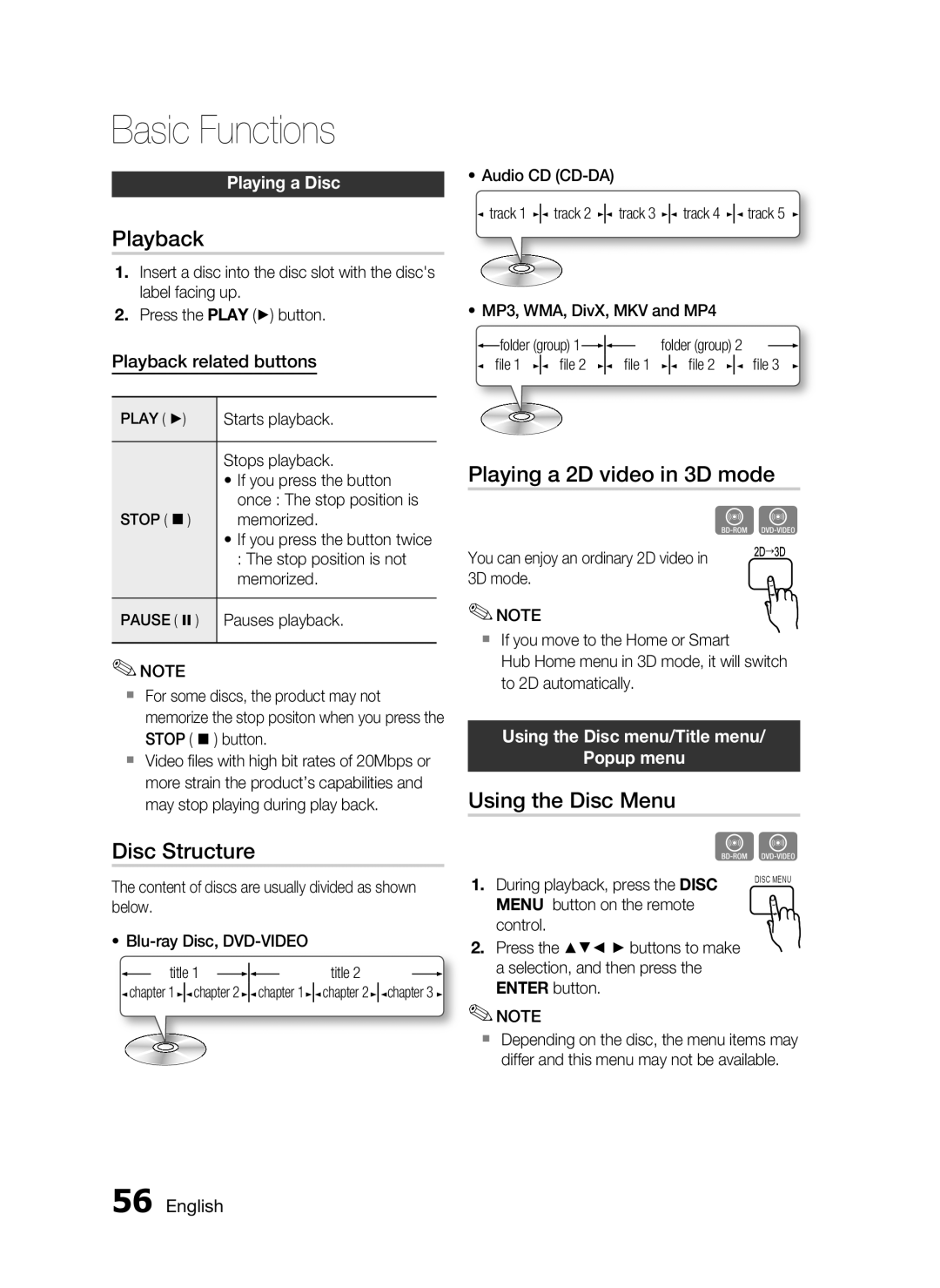 Samsung HW-D7000 user manual Playback, Disc Structure, Playing a 2D video in 3D mode, Using the Disc Menu 