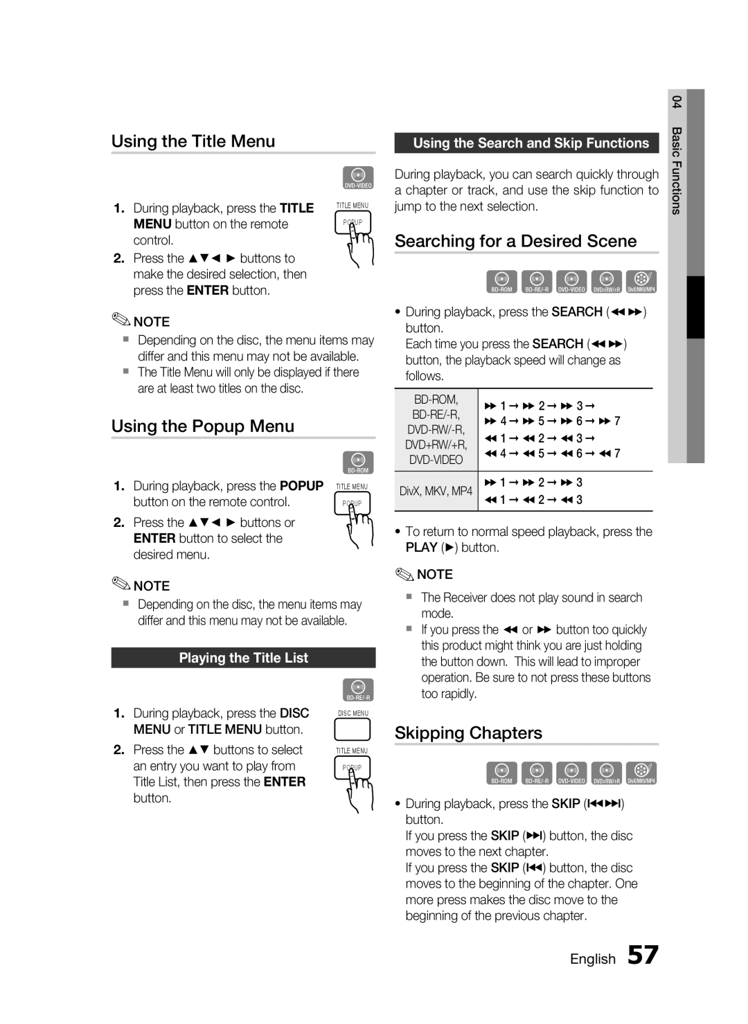 Samsung HW-D7000 user manual Using the Title Menu, Searching for a Desired Scene, Using the Popup Menu, Skipping Chapters 