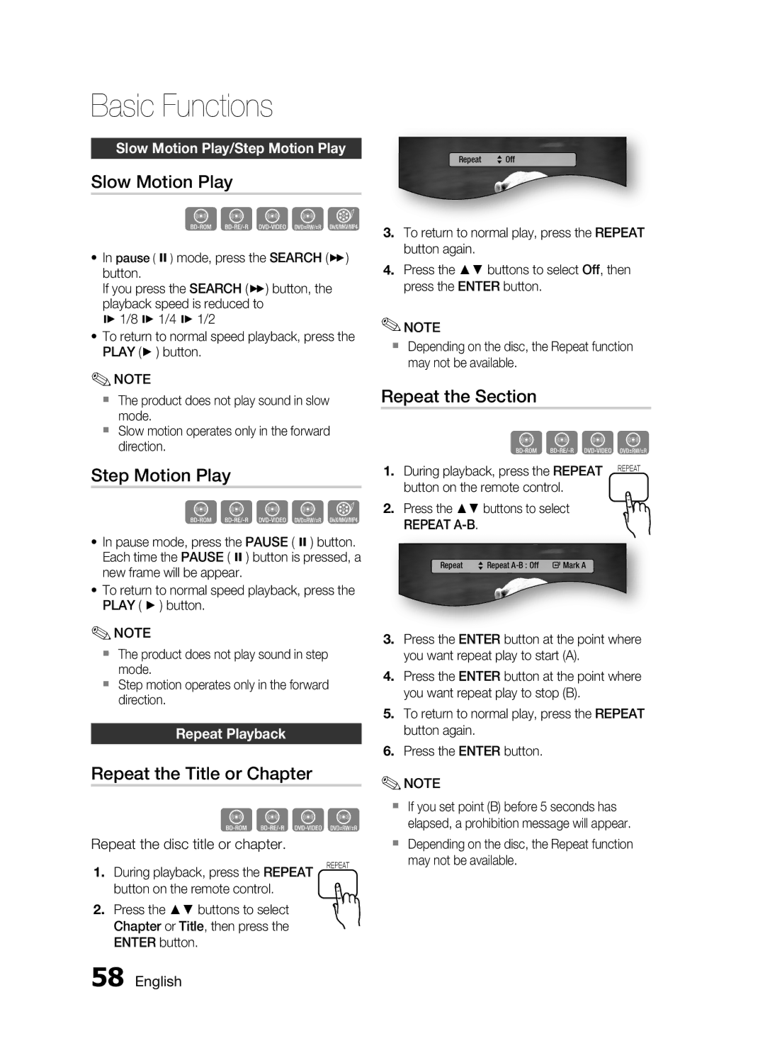 Samsung HW-D7000 user manual Slow Motion Play, Step Motion Play, Repeat the Title or Chapter, Repeat the Section 