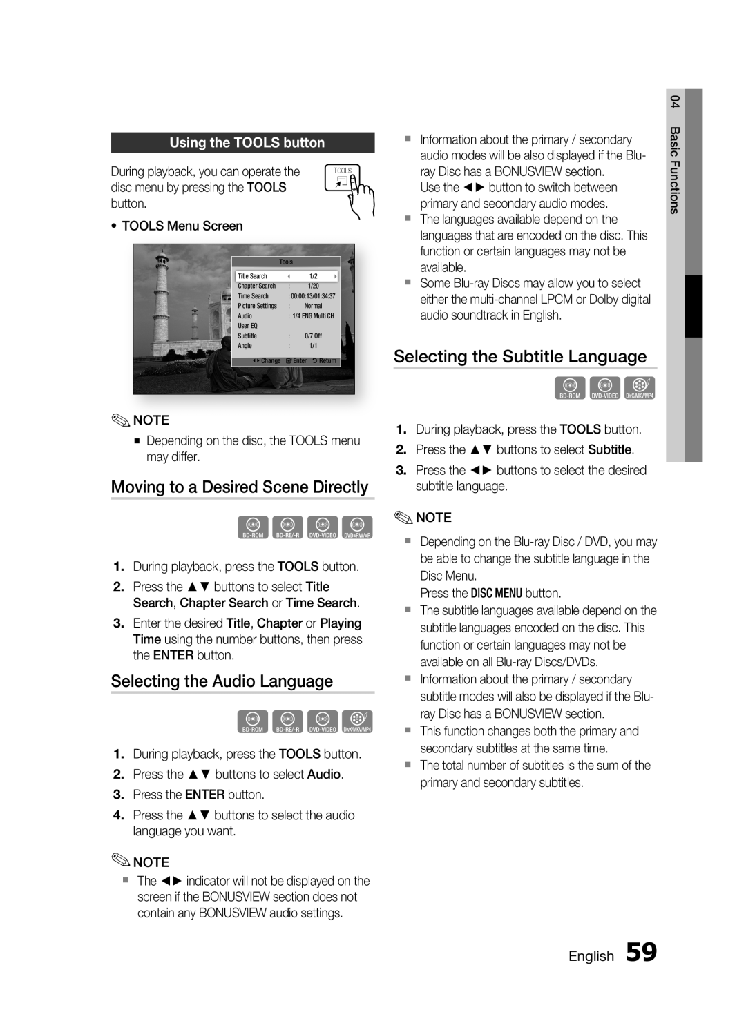 Samsung HW-D7000 Moving to a Desired Scene Directly, Selecting the Audio Language, Selecting the Subtitle Language 