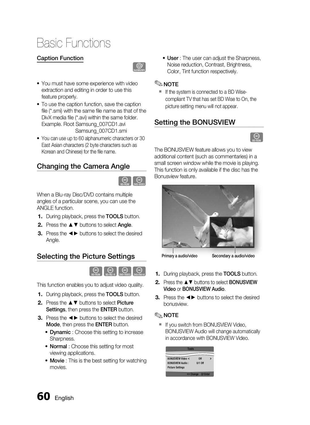 Samsung HW-D7000 Changing the Camera Angle, Selecting the Picture Settings, Setting the Bonusview, Caption Function 