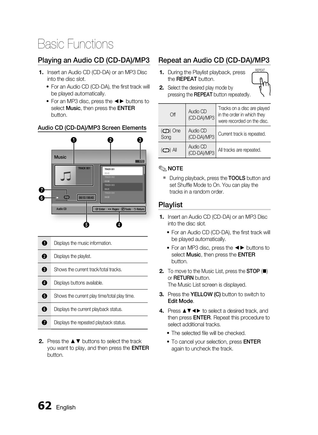 Samsung HW-D7000 Playing an Audio CD CD-DA/MP3, Repeat an Audio CD CD-DA/MP3, Playlist, Audio CD CD-DA/MP3 Screen Elements 