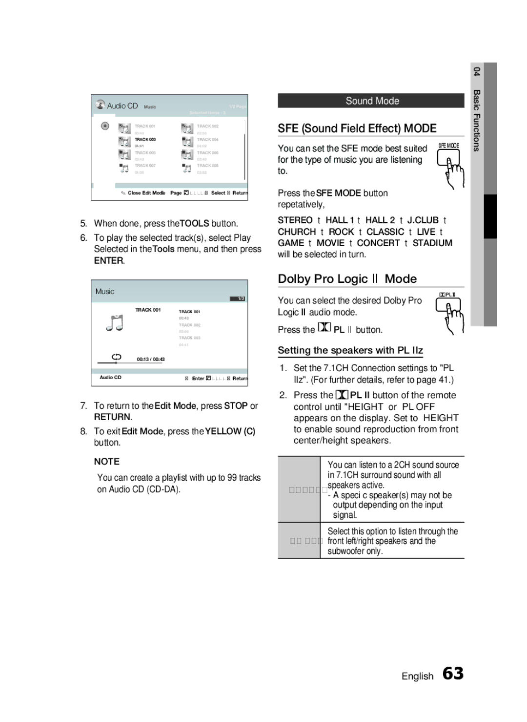 Samsung HW-D7000 SFE Sound Field Effect Mode, Dolby Pro Logic II Mode, Sound Mode, Setting the speakers with PL IIz 