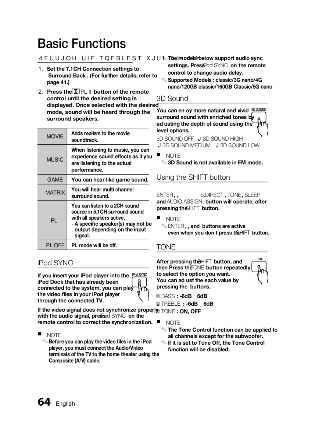 Samsung HW-D7000 user manual IPod Sync, 3D Sound, Using the Shift button, Setting the speakers with DPL 