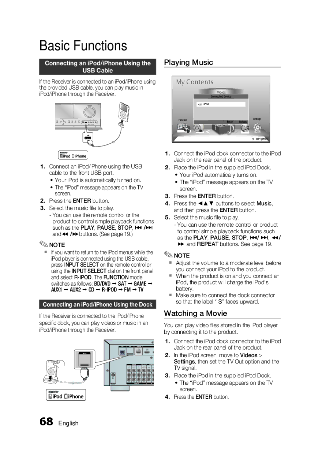 Samsung HW-D7000 Playing Music, Watching a Movie, Connecting an iPod/iPhone Using USB Cable,  and Repeat buttons. See 