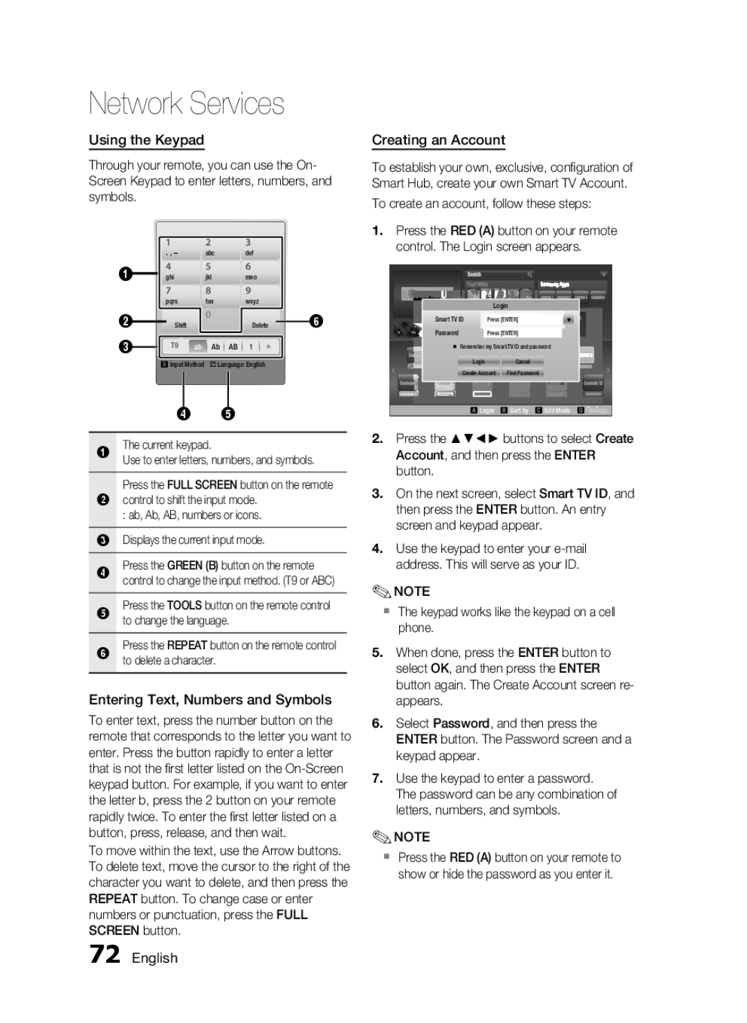 Samsung HW-D7000 user manual Using the Keypad, Entering Text, Numbers and Symbols, Creating an Account, Current keypad 