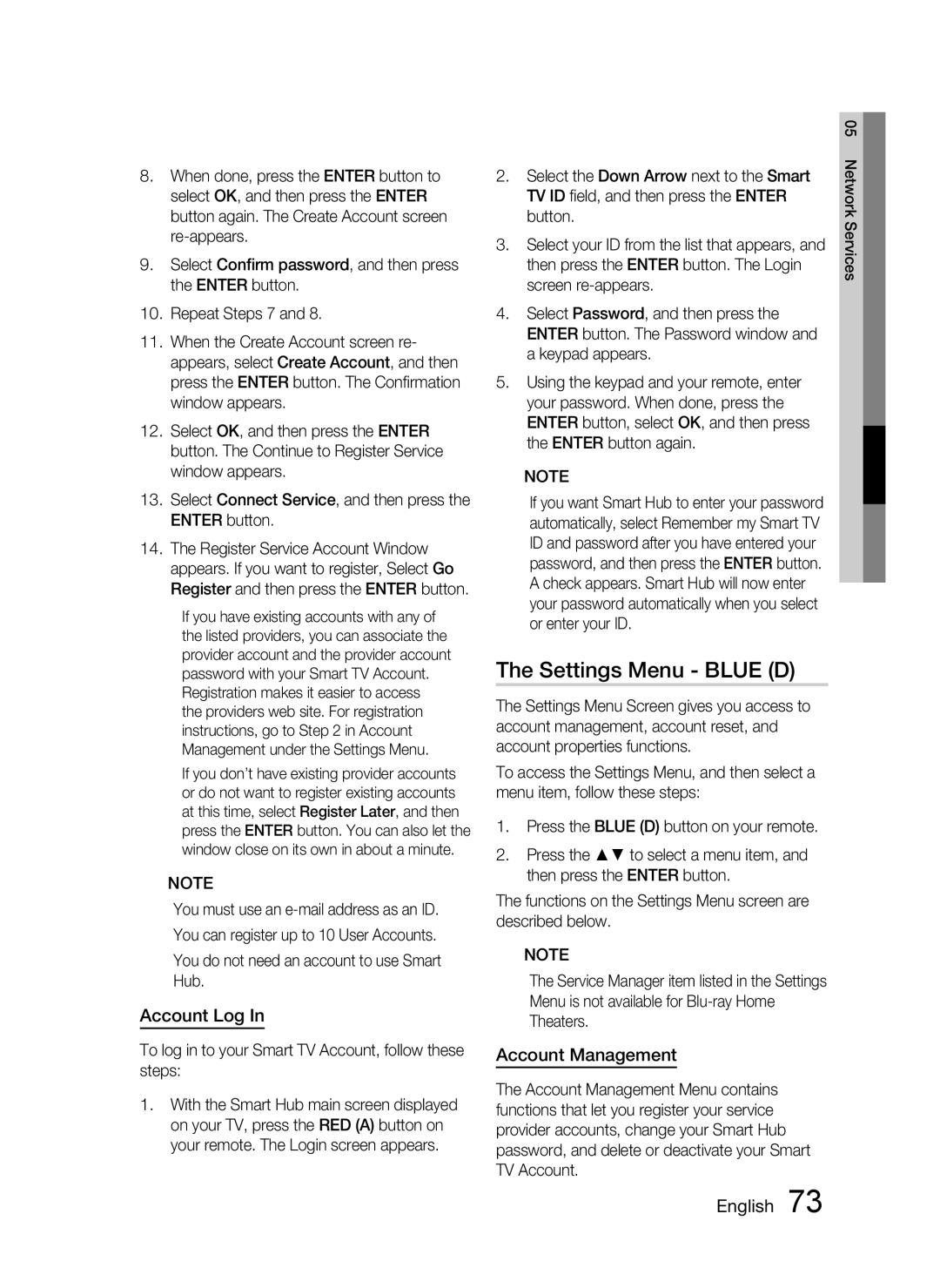 Samsung HW-D7000 user manual Settings Menu Blue D, Account Log, Account Management 