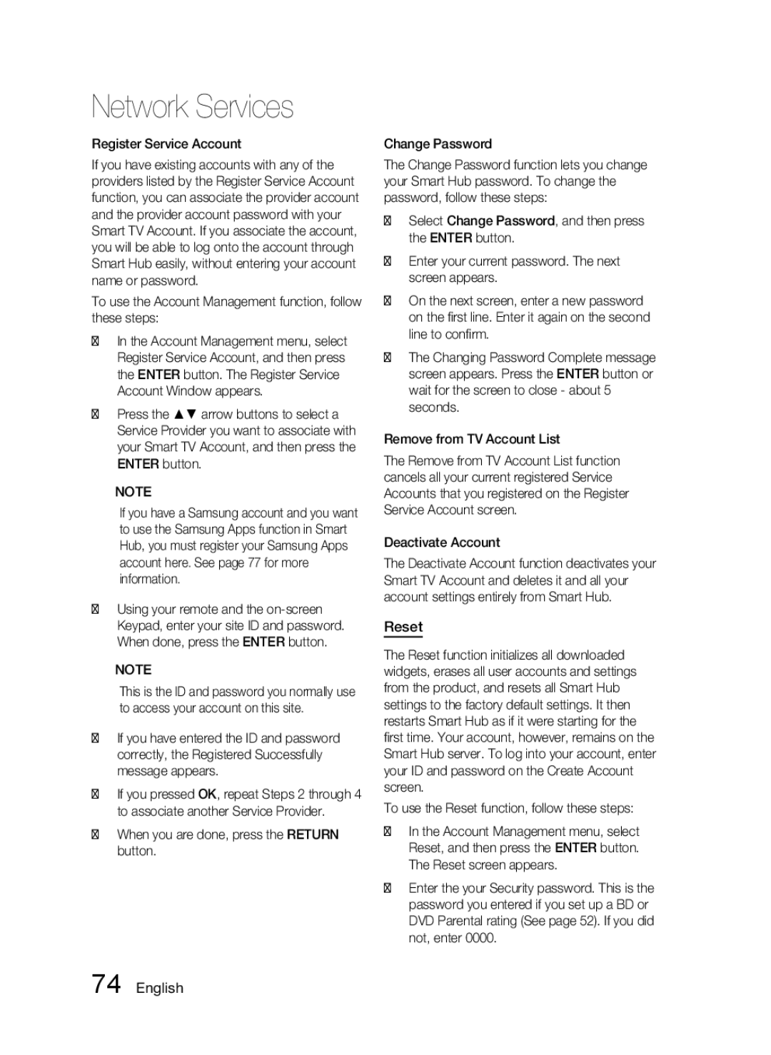 Samsung HW-D7000 user manual Reset, Register Service Account, To use the Account Management function, follow these steps 