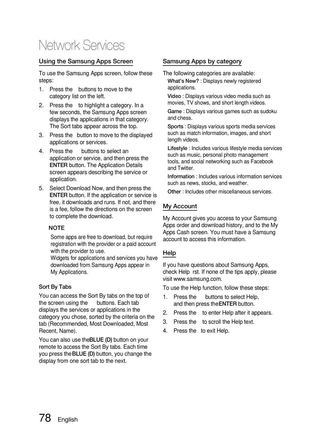 Samsung HW-D7000 user manual Using the Samsung Apps Screen, Samsung Apps by category, My Account, Help 