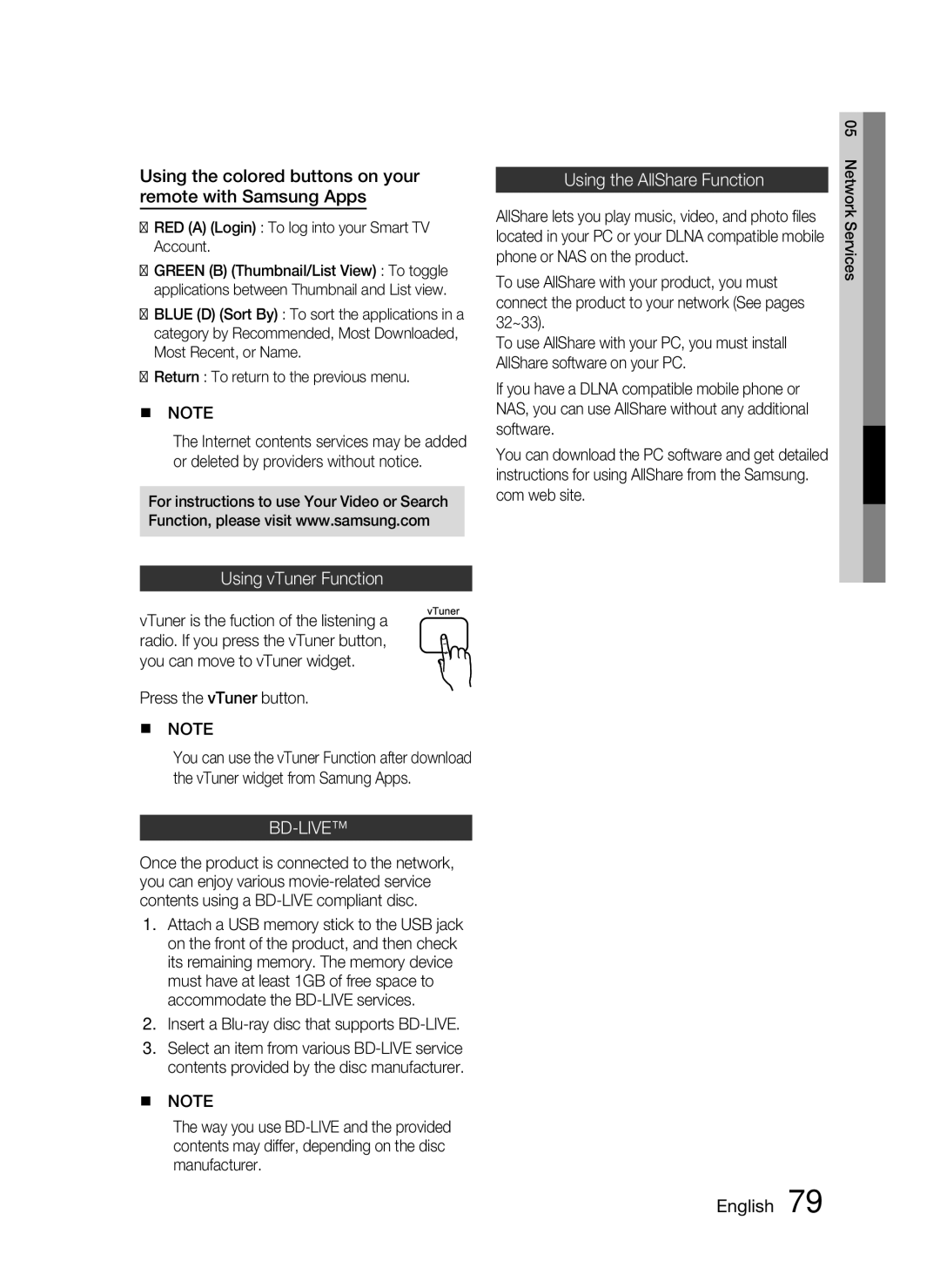 Samsung HW-D7000 user manual Using the colored buttons on your remote with Samsung Apps, Using vTuner Function 