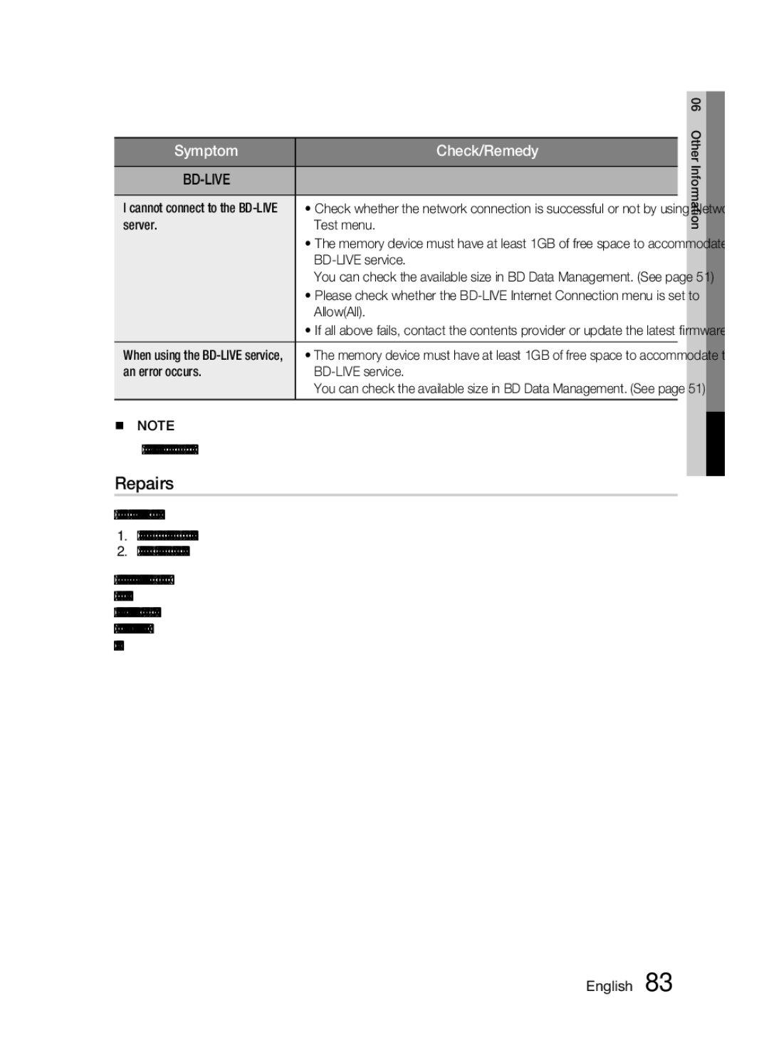 Samsung HW-D7000 user manual Repairs, Server Test menu, AllowAll, An error occurs BD-LIVE service 