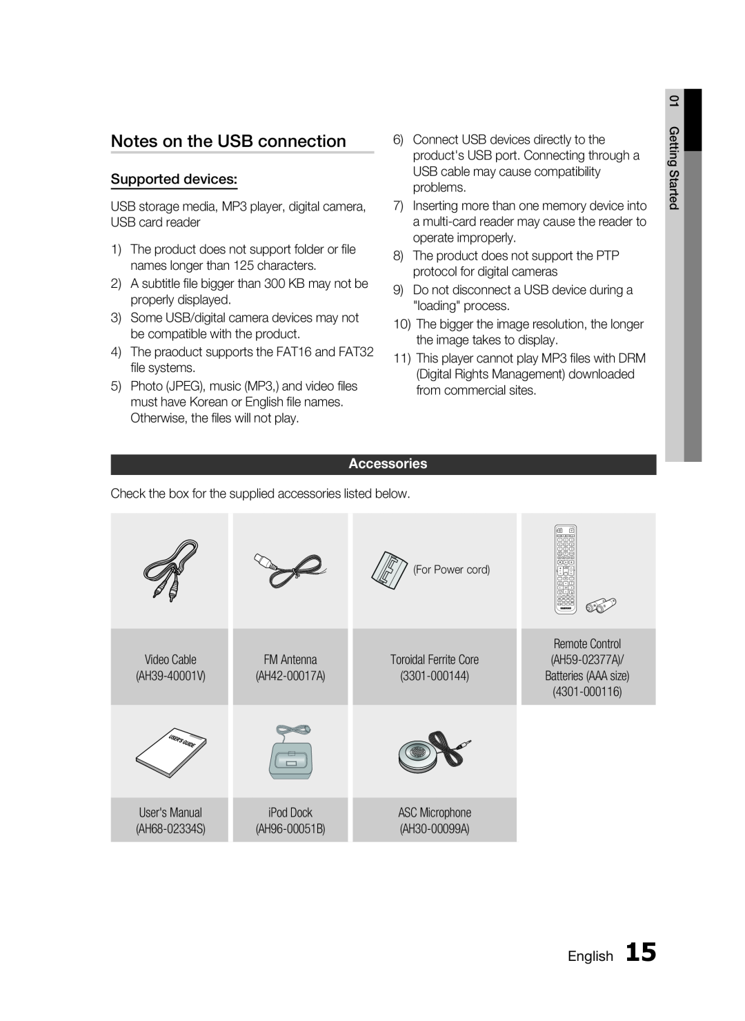 Samsung HW-D7000 user manual Notes on the USB connection, Accessories 
