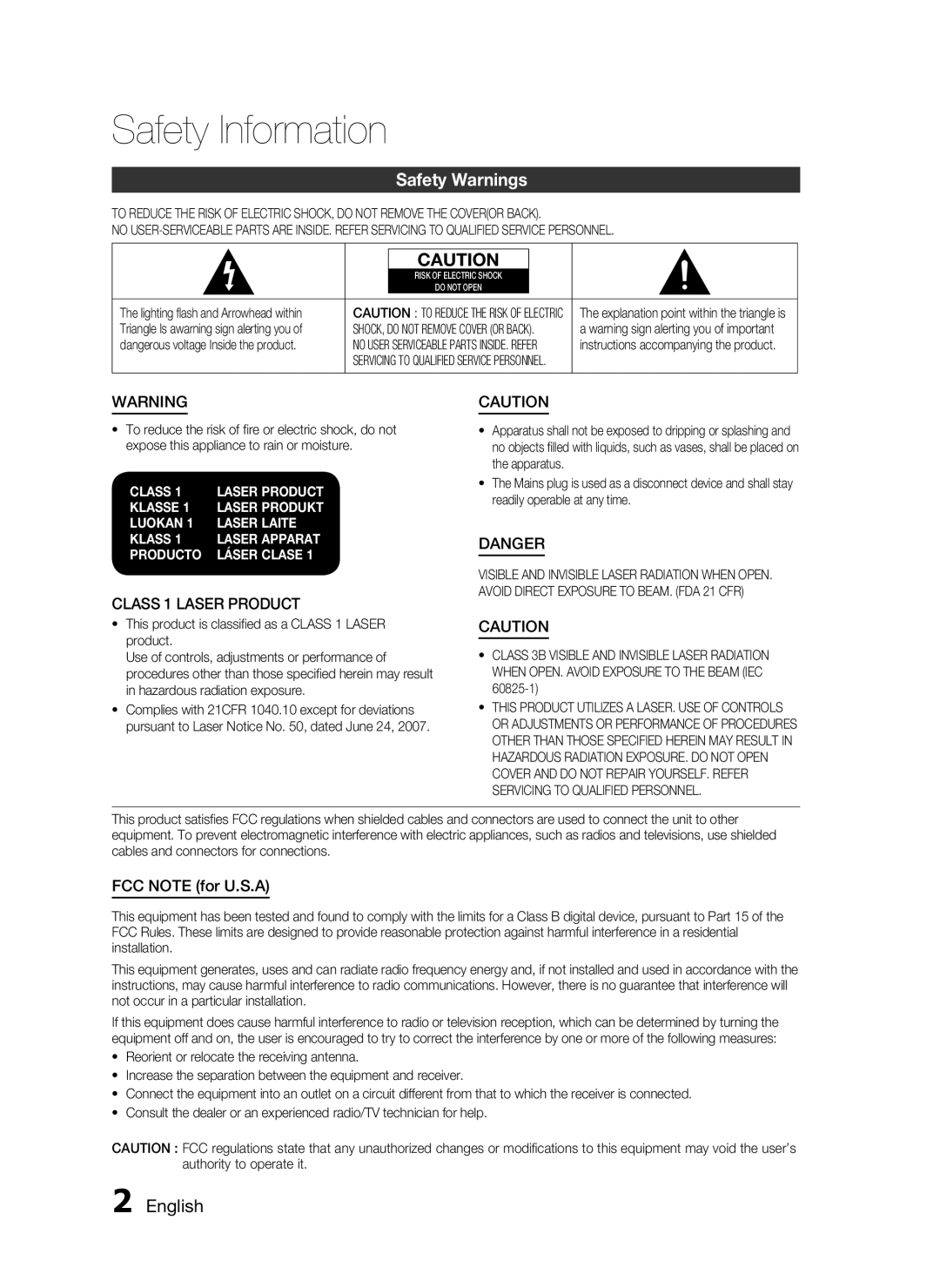 Samsung HW-D7000 Safety Information, Safety Warnings, Class, Klasse, Luokan, Laser Laite, Laser Apparat, Producto 