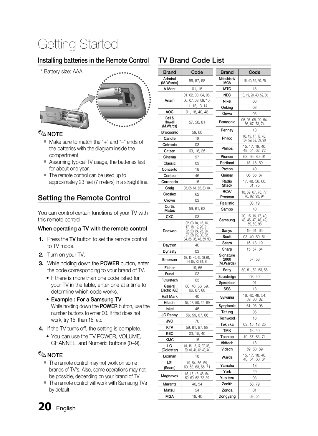 Samsung HW-D7000 user manual TV Brand Code List, Setting the Remote Control, Installing batteries in the Remote Control 