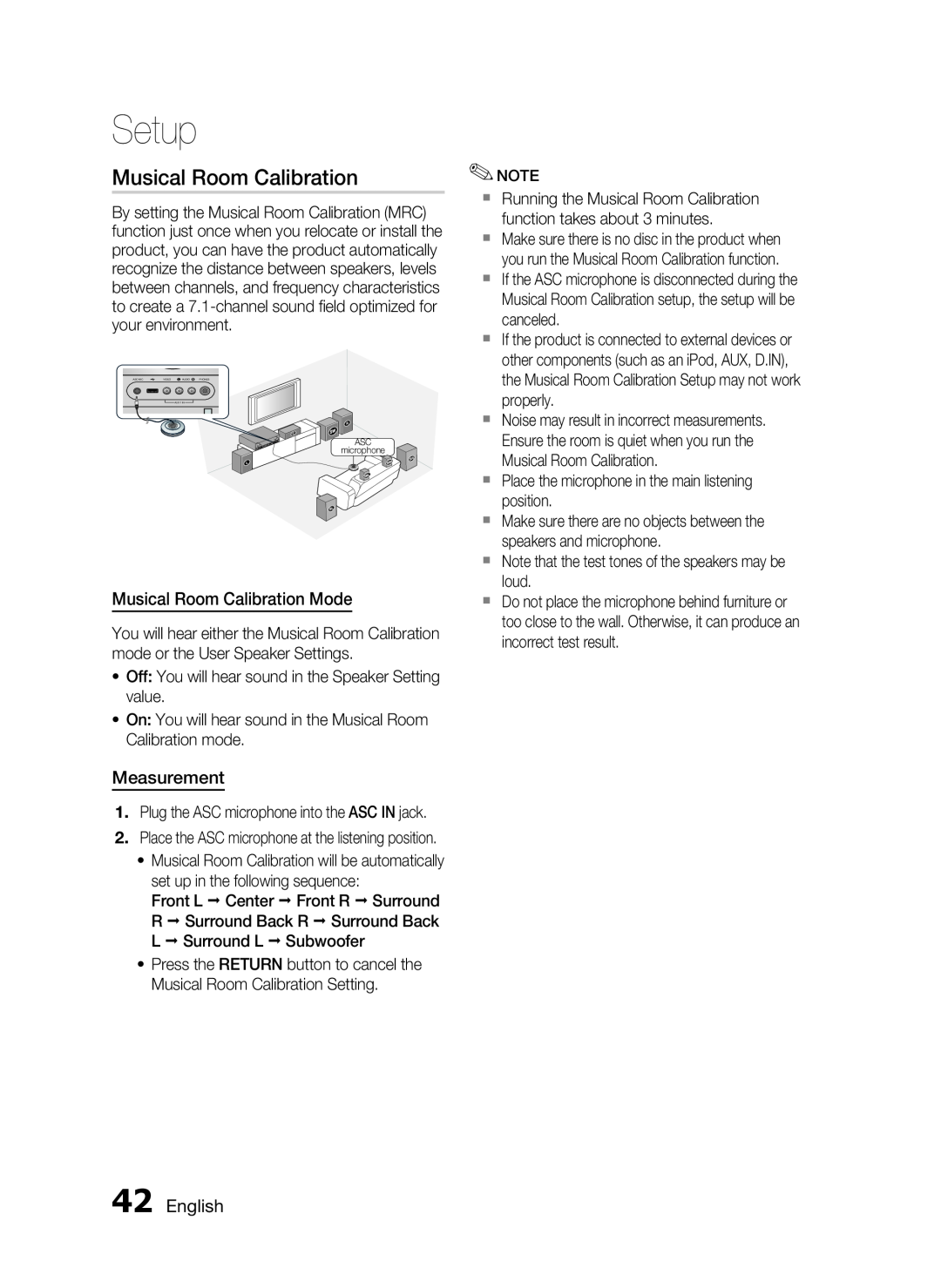 Samsung HW-D7000 user manual Setup, Musical Room Calibration Mode, Measurement, English 