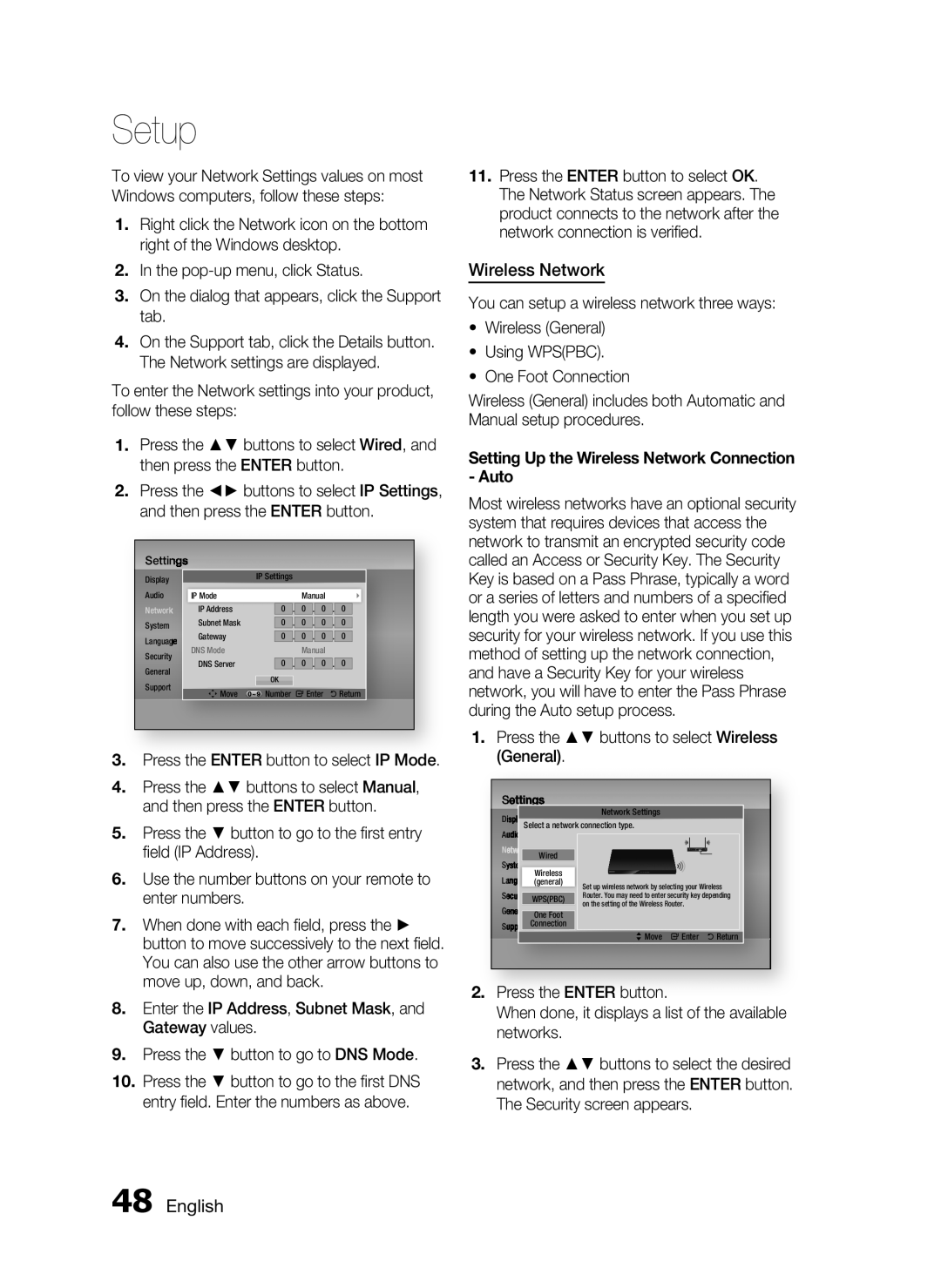 Samsung HW-D7000 user manual Setup, English, Setting Up the Wireless Network Connection - Auto, ﬁeld IP Address 