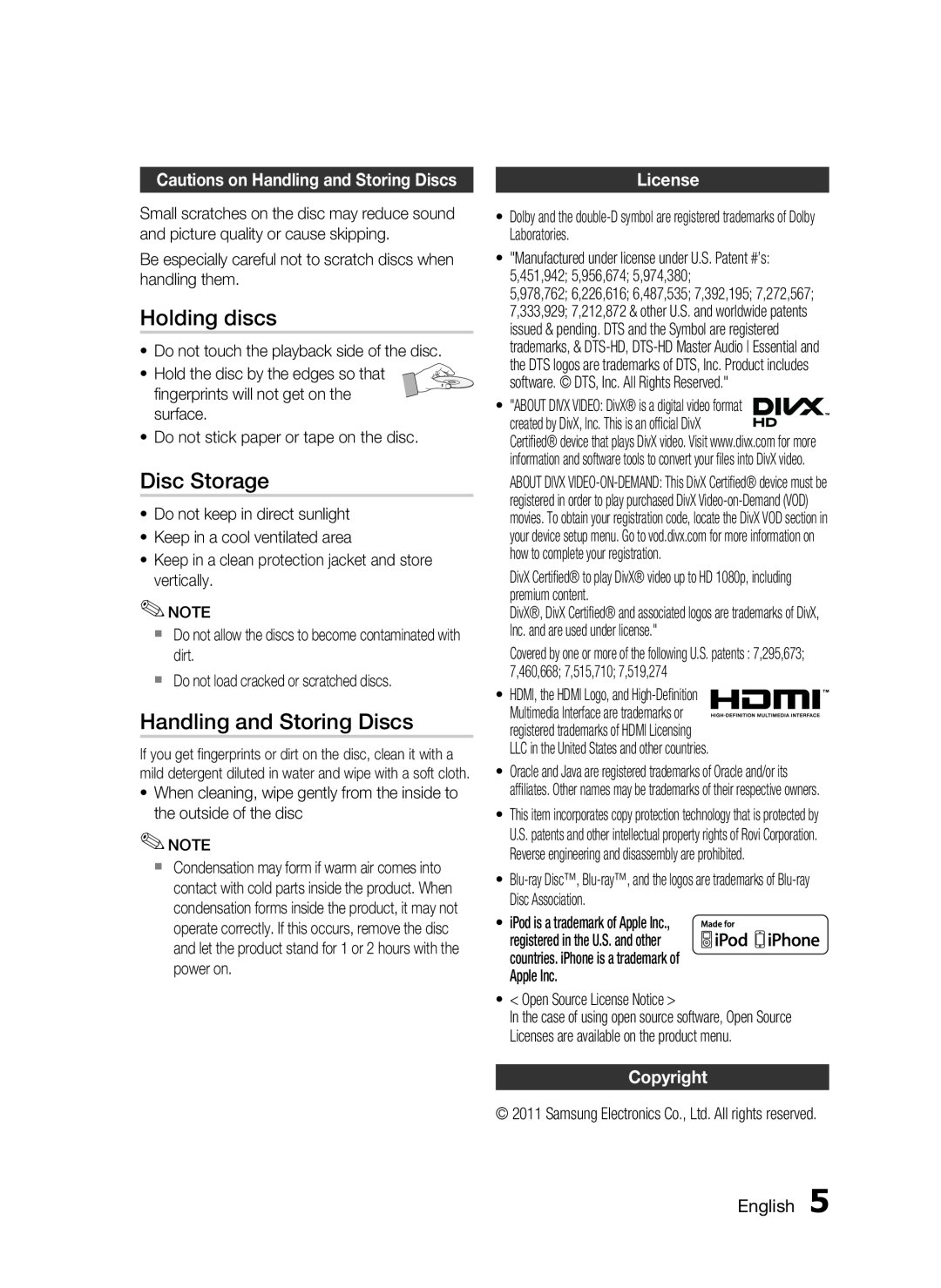 Samsung HW-D7000 user manual Holding discs, Disc Storage, Cautions on Handling and Storing Discs, License, Copyright 