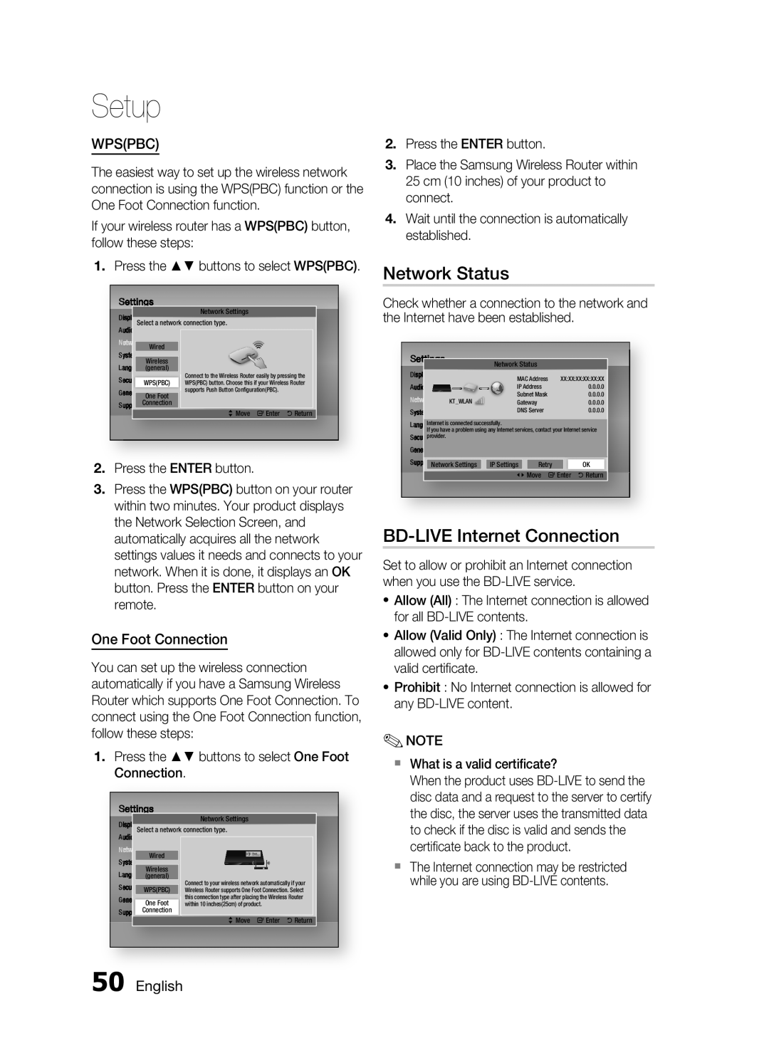 Samsung HW-D7000 user manual Network Status, BD-LIVEInternet Connection, Setup, Wpspbc, One Foot Connection, English 