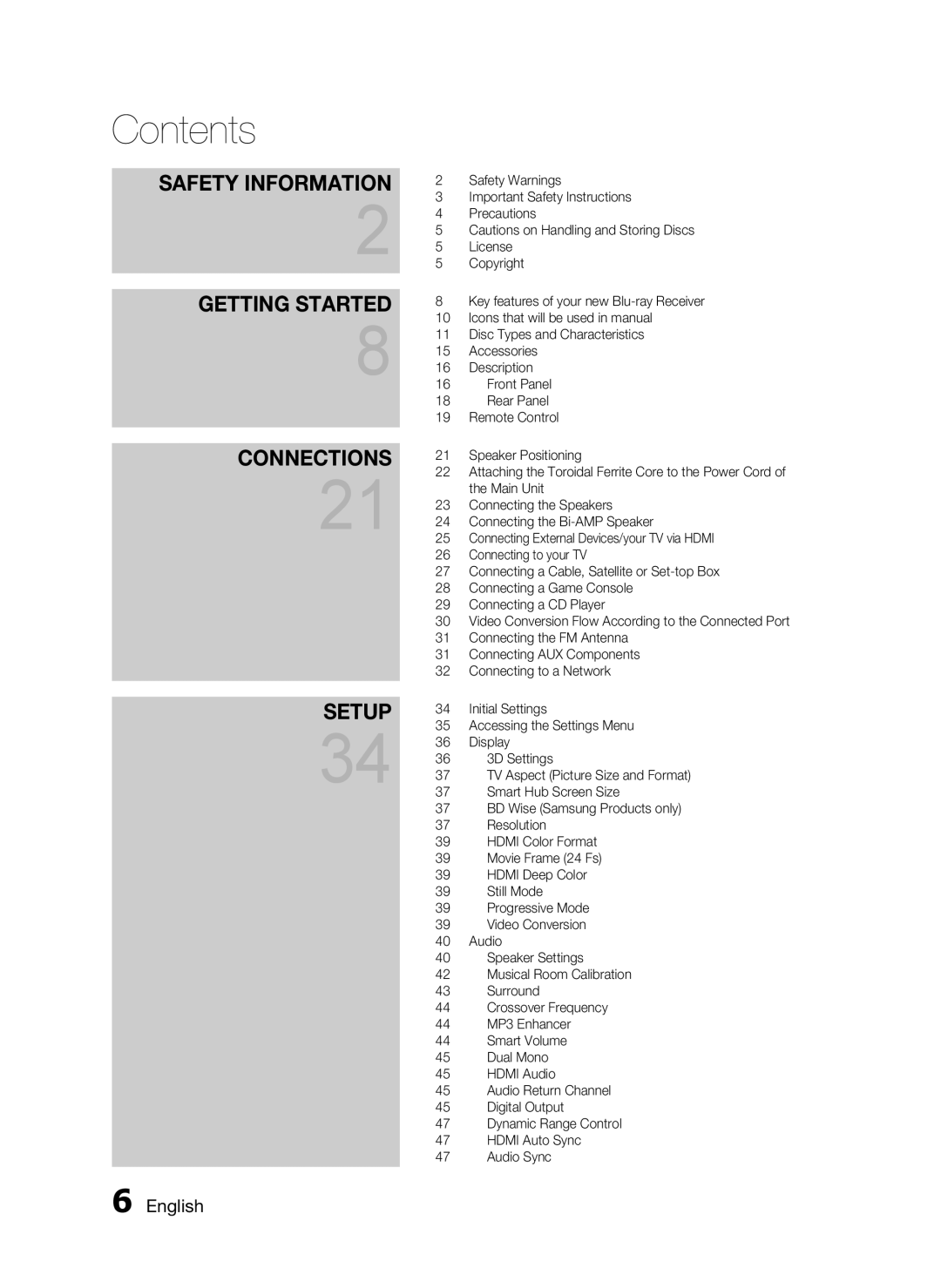 Samsung HW-D7000 user manual Contents, Getting Started, Connections, Setup, Safety Information 