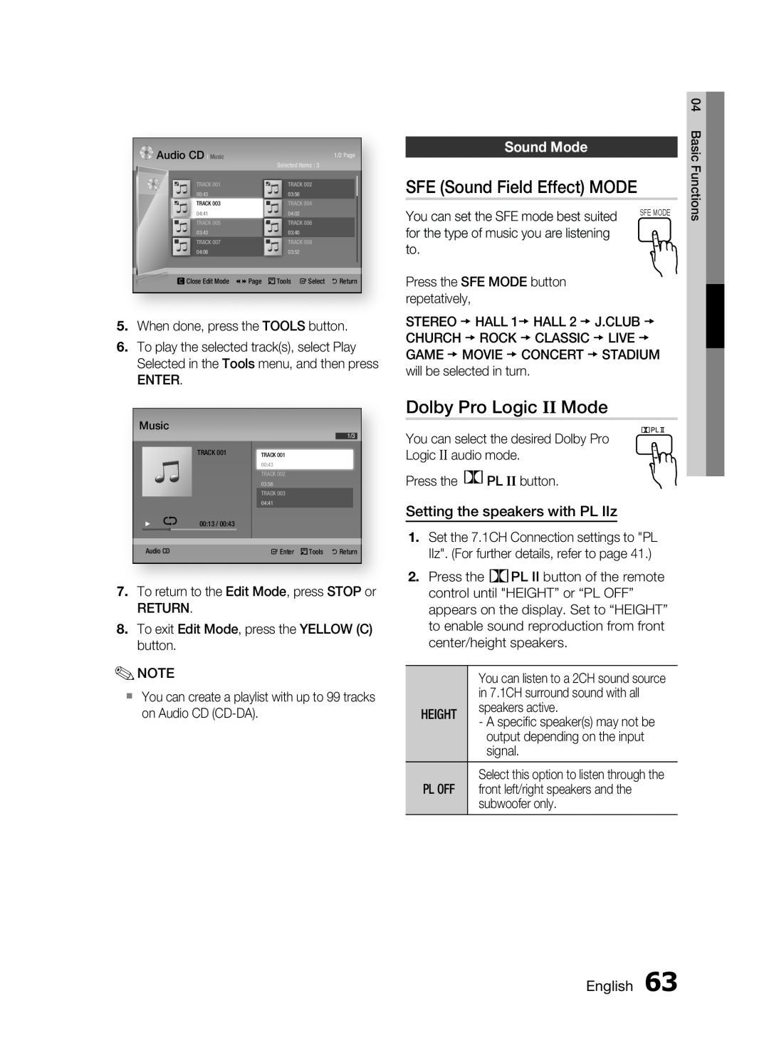 Samsung HW-D7000 user manual SFE Sound Field Effect MODE, Dolby Pro Logic II Mode, Sound Mode 